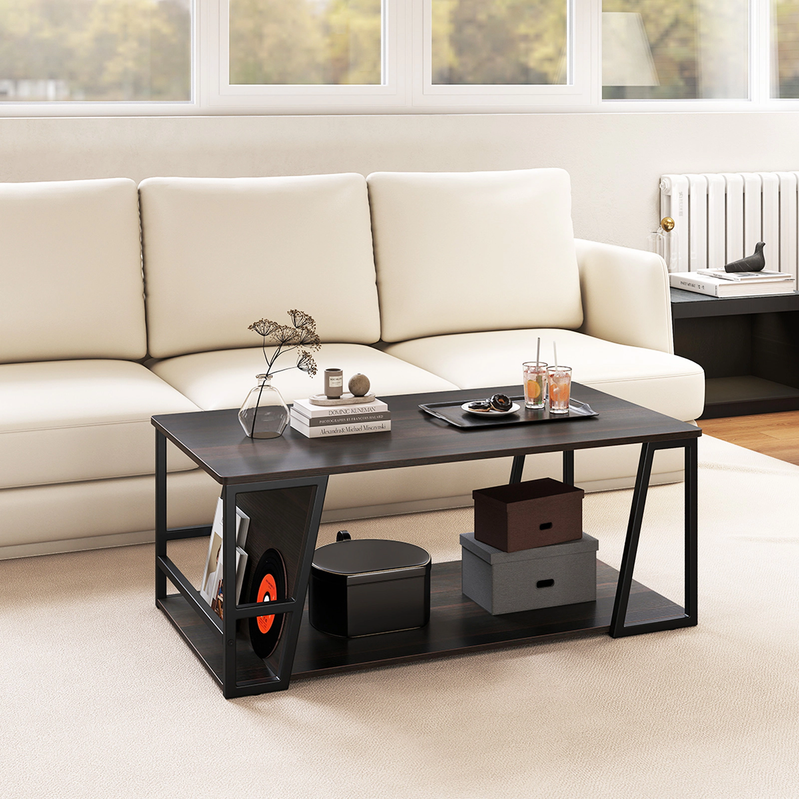 Glintex 2-Tier 40-Inch Industrial Coffee Table with Side Storage Compartment
