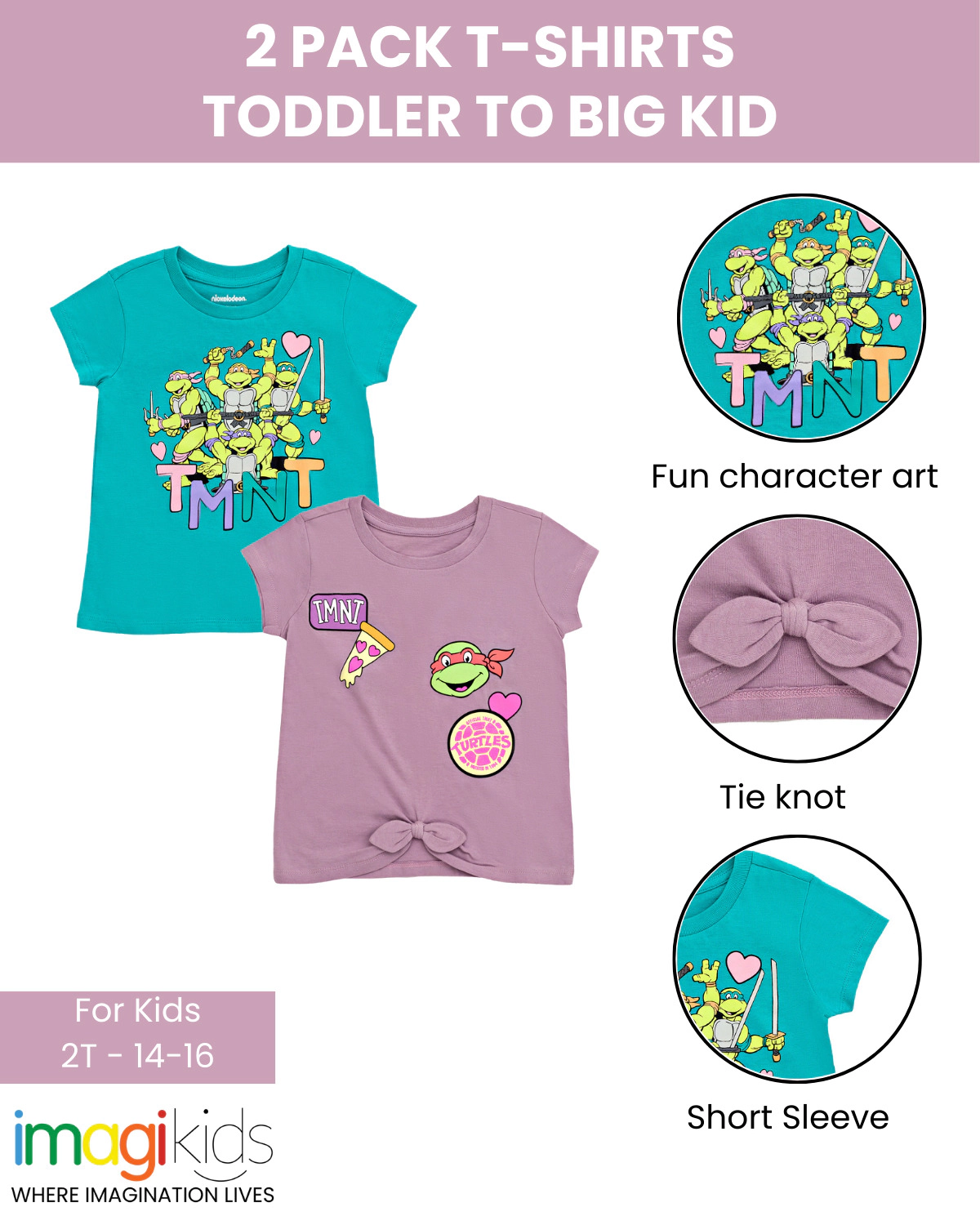 Teenage Mutant Ninja Turtles Girls' 2-Pack Short Sleeve T-Shirts
