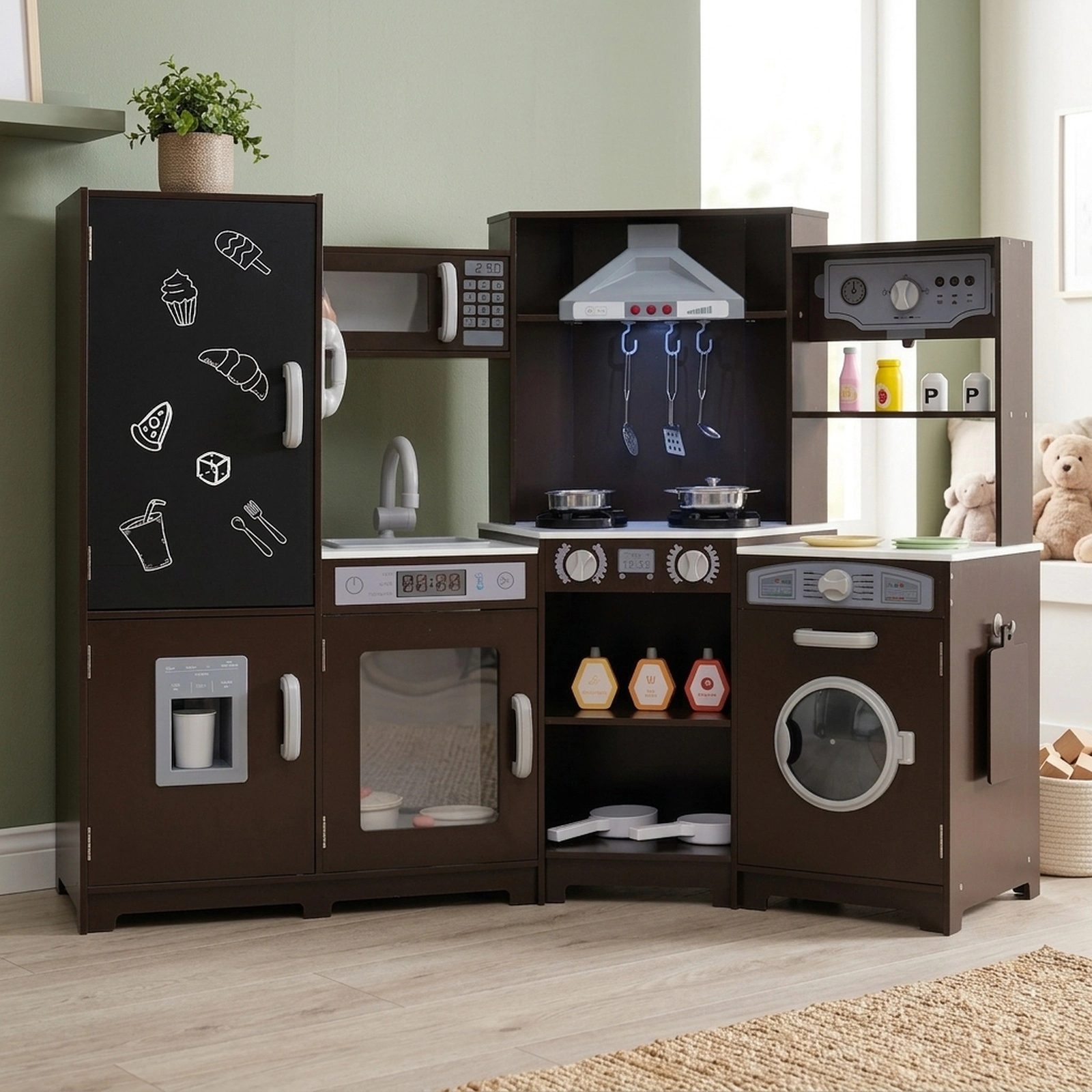 Corner Wooden Play Kitchen Lights and Sounds Ice Maker Chalkboard 52-in Kids Kitchen Playset Ages 3+ Espresso