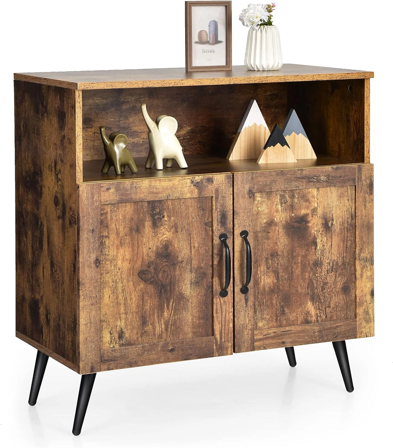 Glintex Mid-Century Buffet Cabinet with Stemware Holders and 110-Lb Top, Rustic Brown