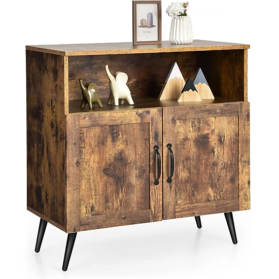 Glintex Mid-Century Buffet Cabinet with Stemware Holders and 110-Lb Top, Rustic Brown