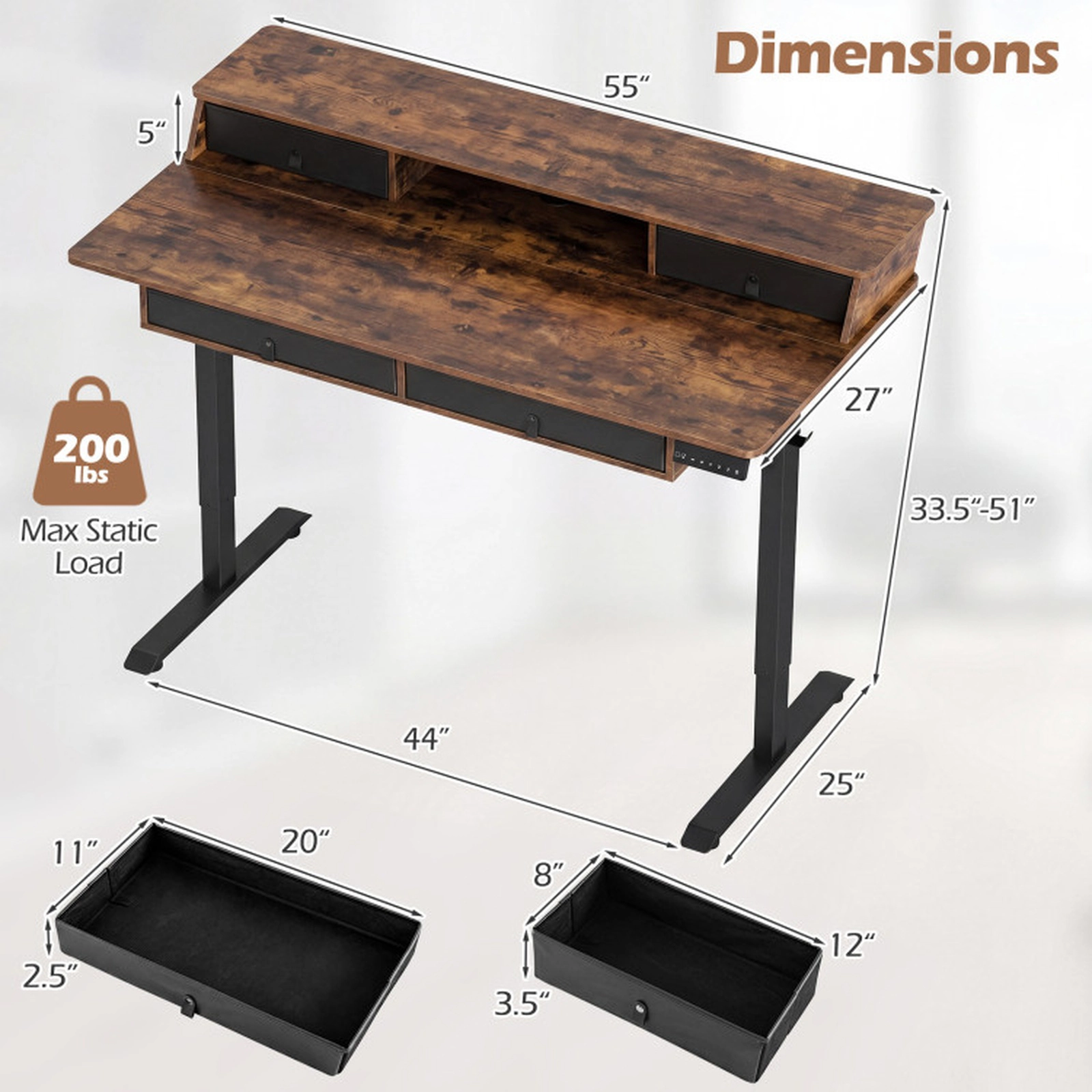 SUGIFT 55-Inch Rustic Brown Electric Standing Desk with Drawers and Monitor Stand
