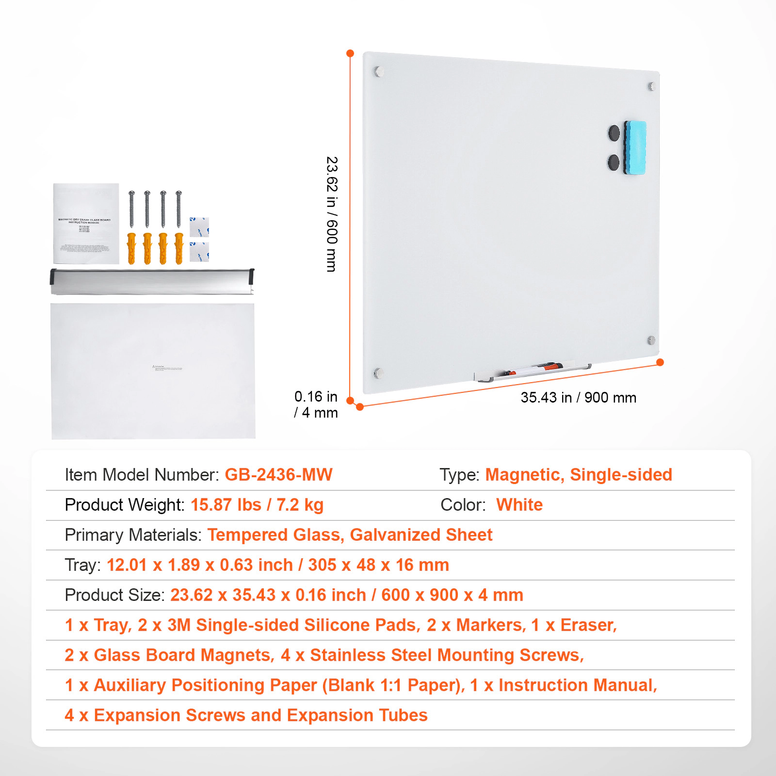 HONGGE 36 x 24 Inch Magnetic Glass Whiteboard, Frameless Wall-Mounted Dry Erase Board with Marker Tray