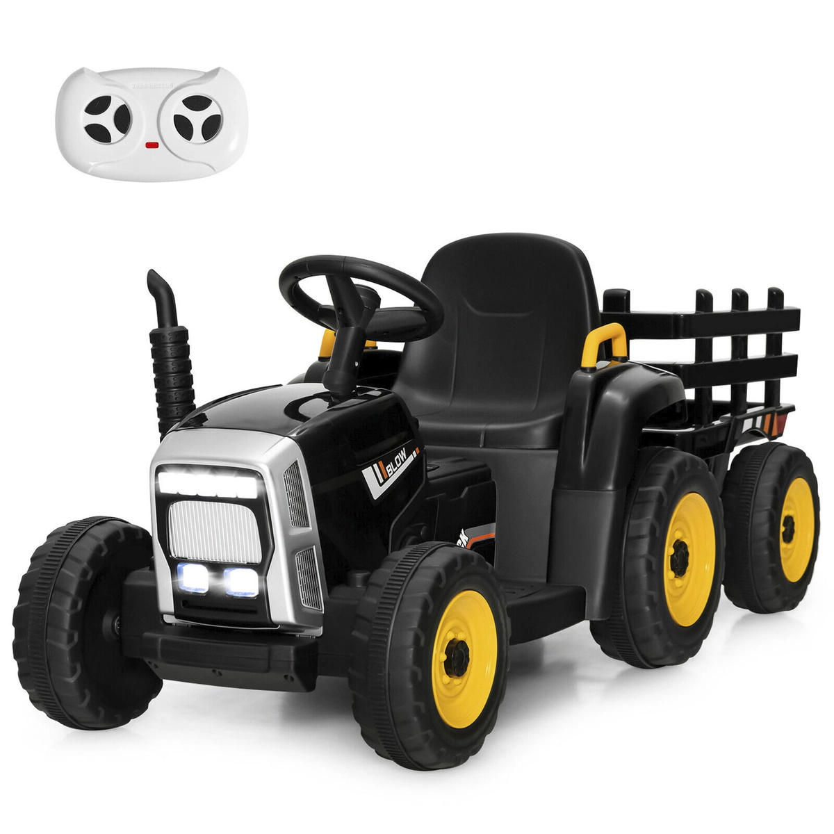 SUGIFT 12V Black Kids Ride-On Tractor with Detachable Trailer 3 Gear Shift and Remote 66-lb Rider Capacity