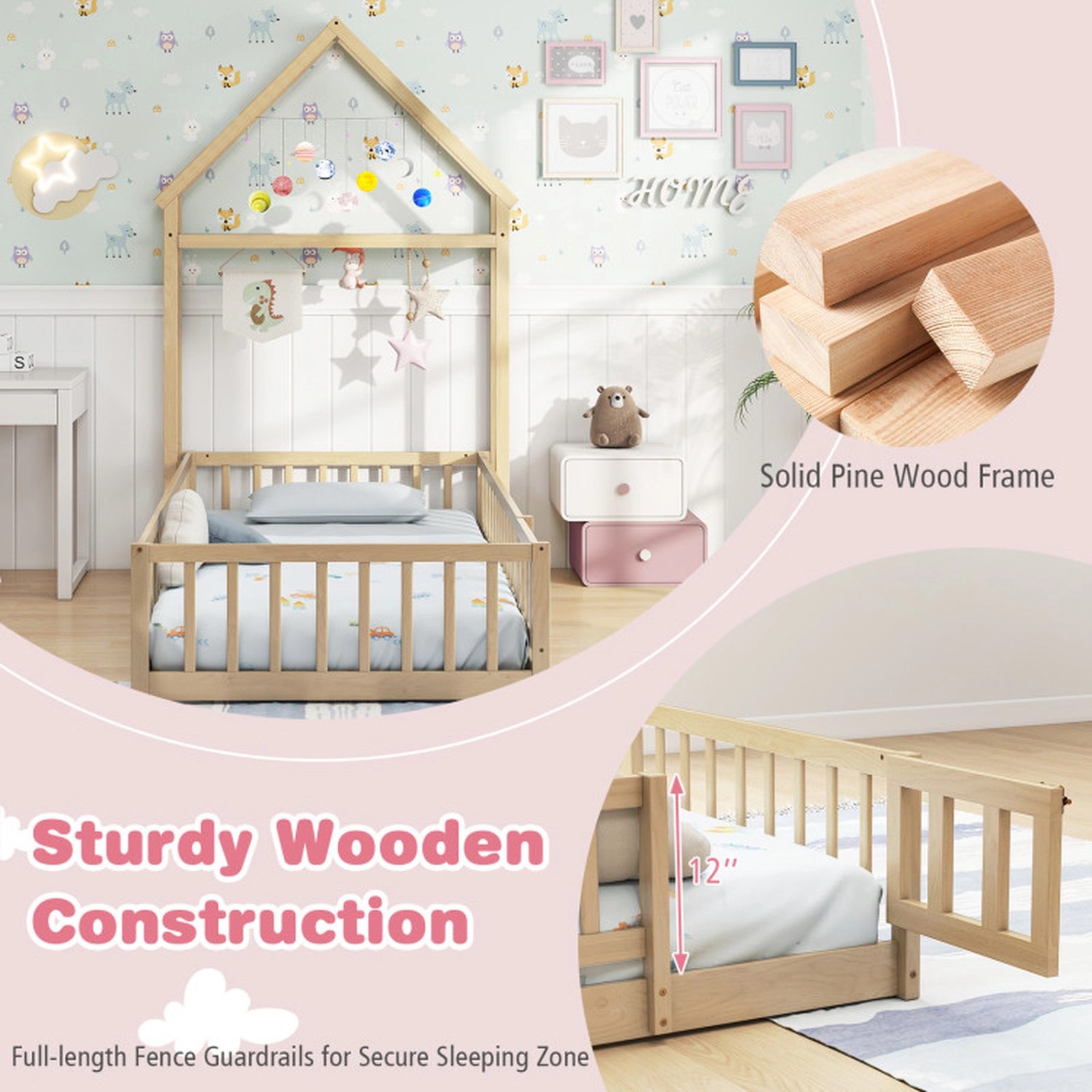 SUGIFT Kids Twin Size House-Shaped Headboard Fence Rails Floor Bed 78-in x 48.5-in x 74-in Fits 6-in Mattress Natural