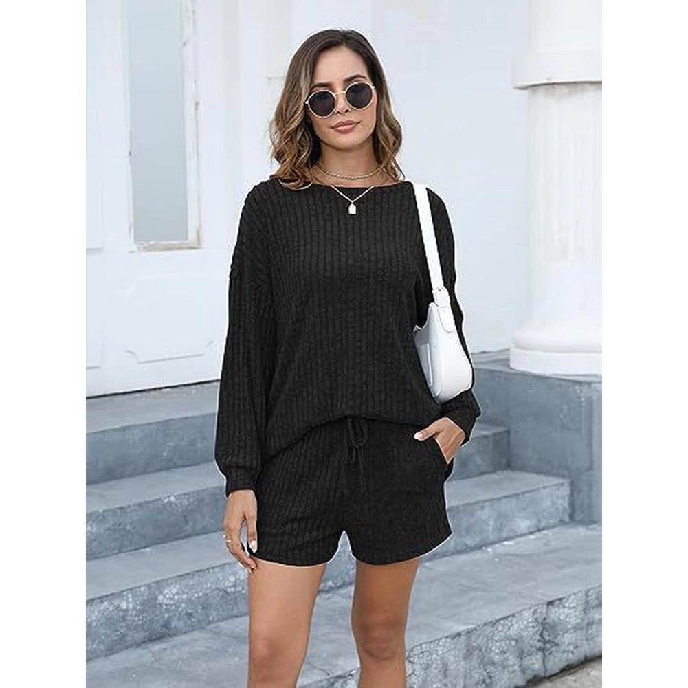 KOJOOIN Women Loungewear Ribbed Knit 2 Piece Outfit Set Long Sleeve Top and Drawstring Shorts Tracksuit