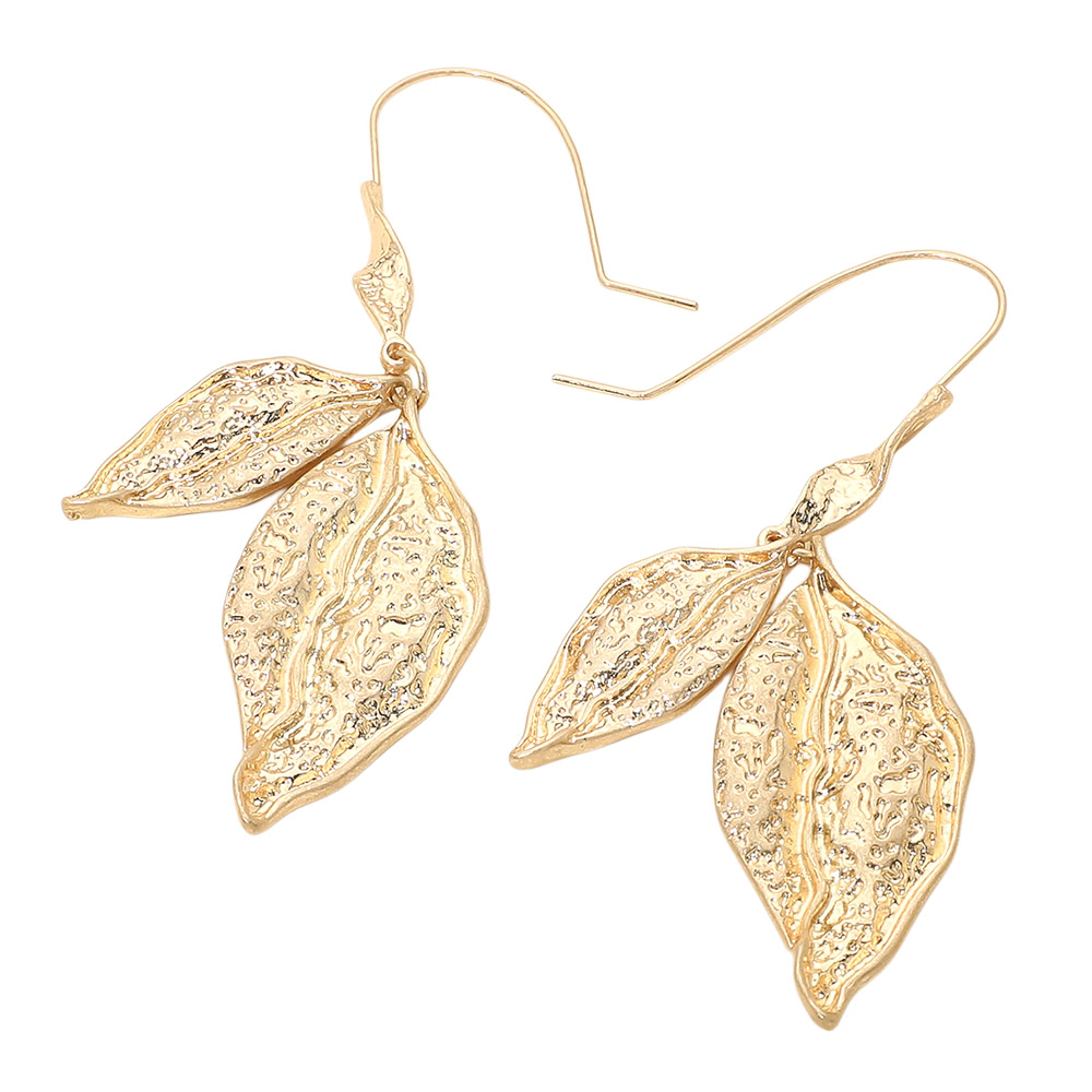 FASHNZFAB Bold Textured Metal Double Leaf Drop Earrings