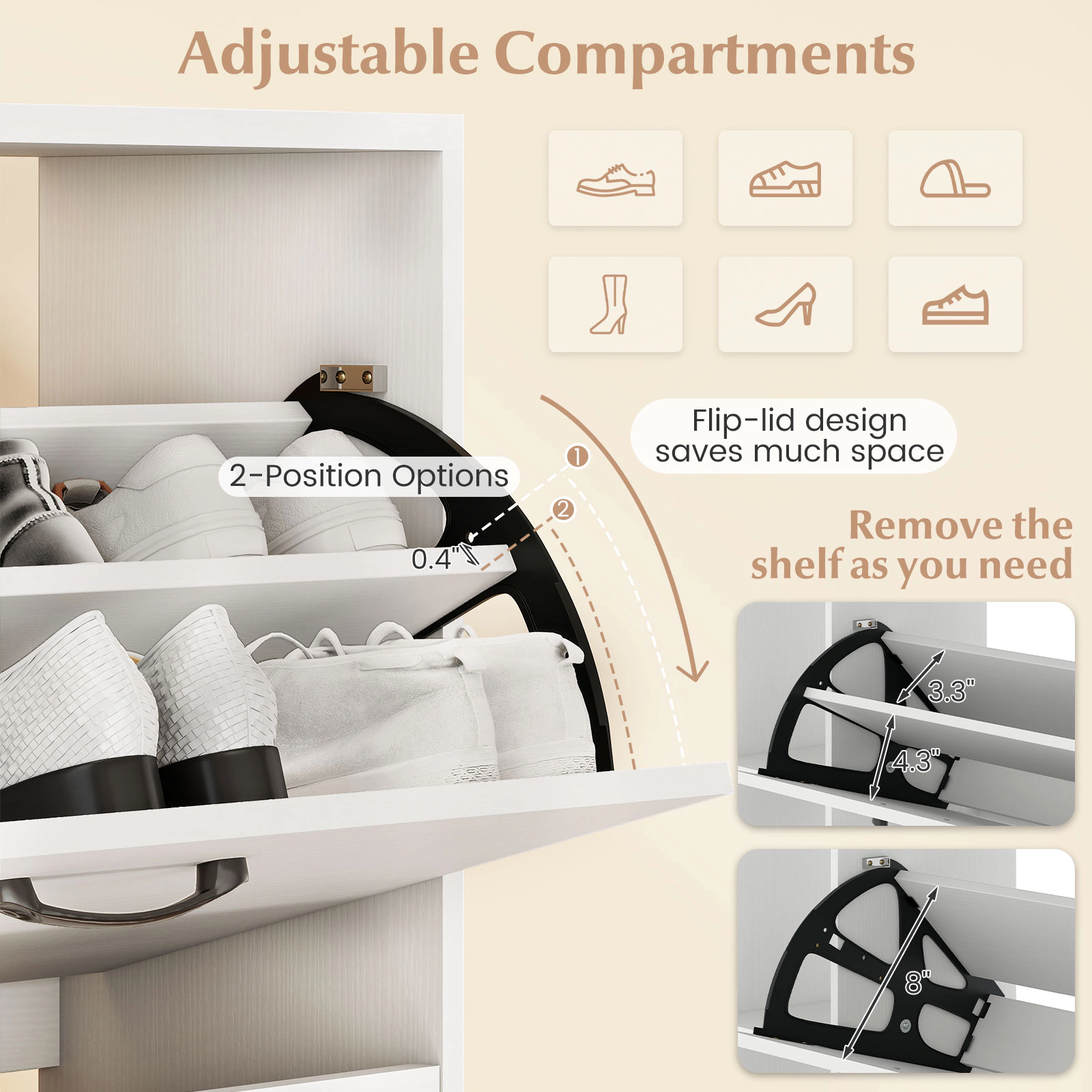 SUGIFT White 50.5-in Tall Entryway Shoe Cabinet with 3 Flip Drawers Adjustable Shelves and Open Cubbies