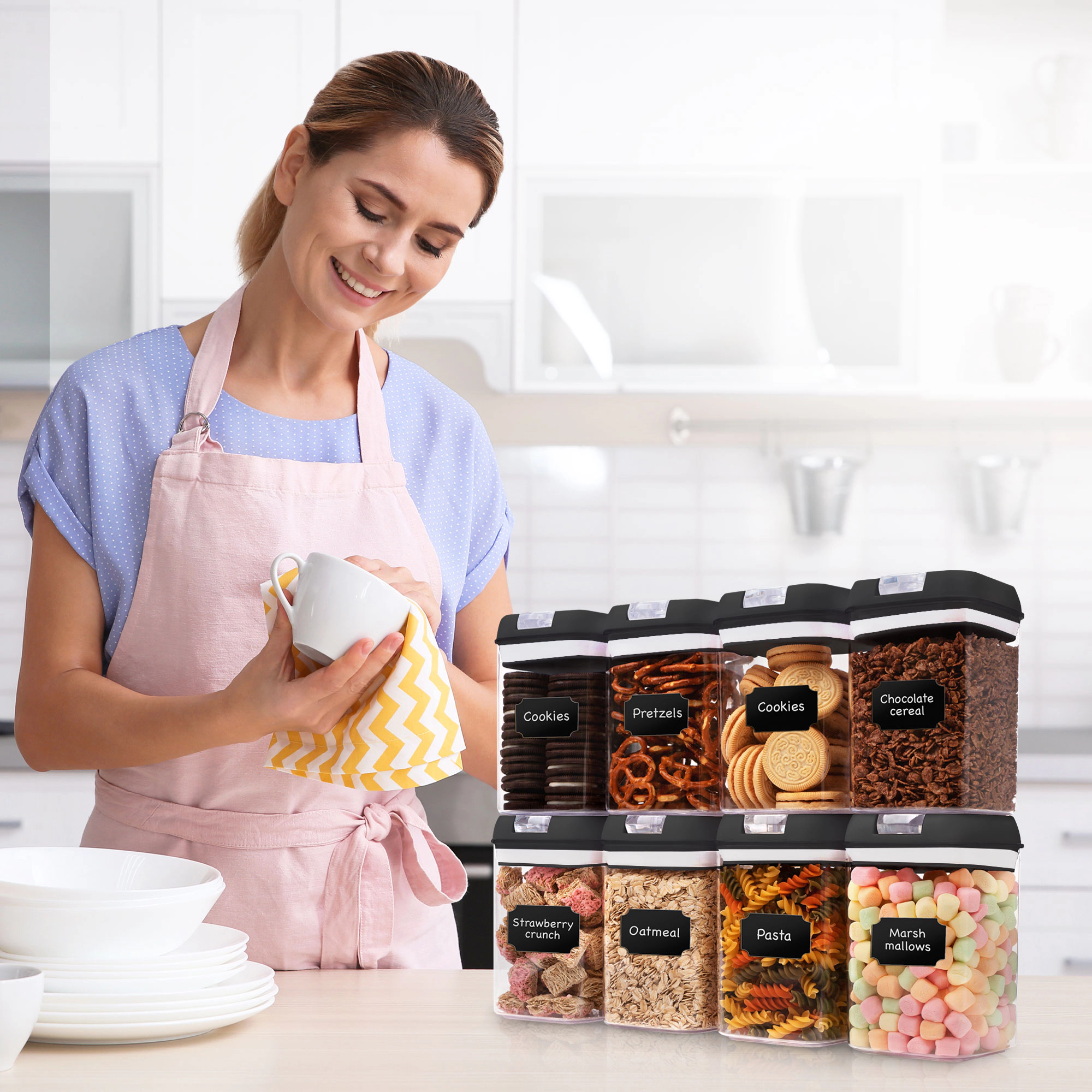 Cheer Collection 8-Piece 28-Oz Navy Airtight Food Storage Containers with Labels and Marker