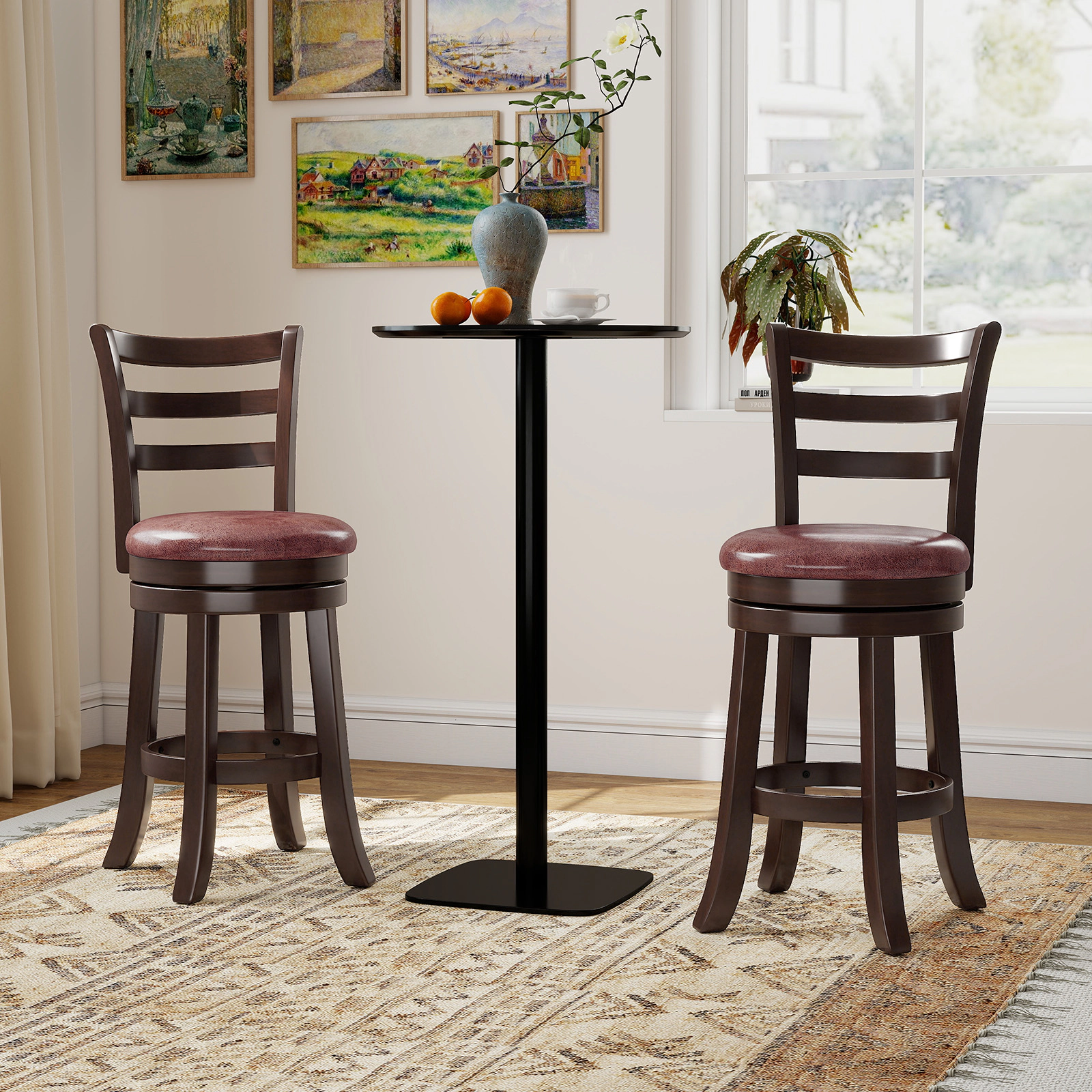 LJG Counter Height Swivel Barstools Set of 2 with Faux Leather Seat and Wrap-Around Footrest-29