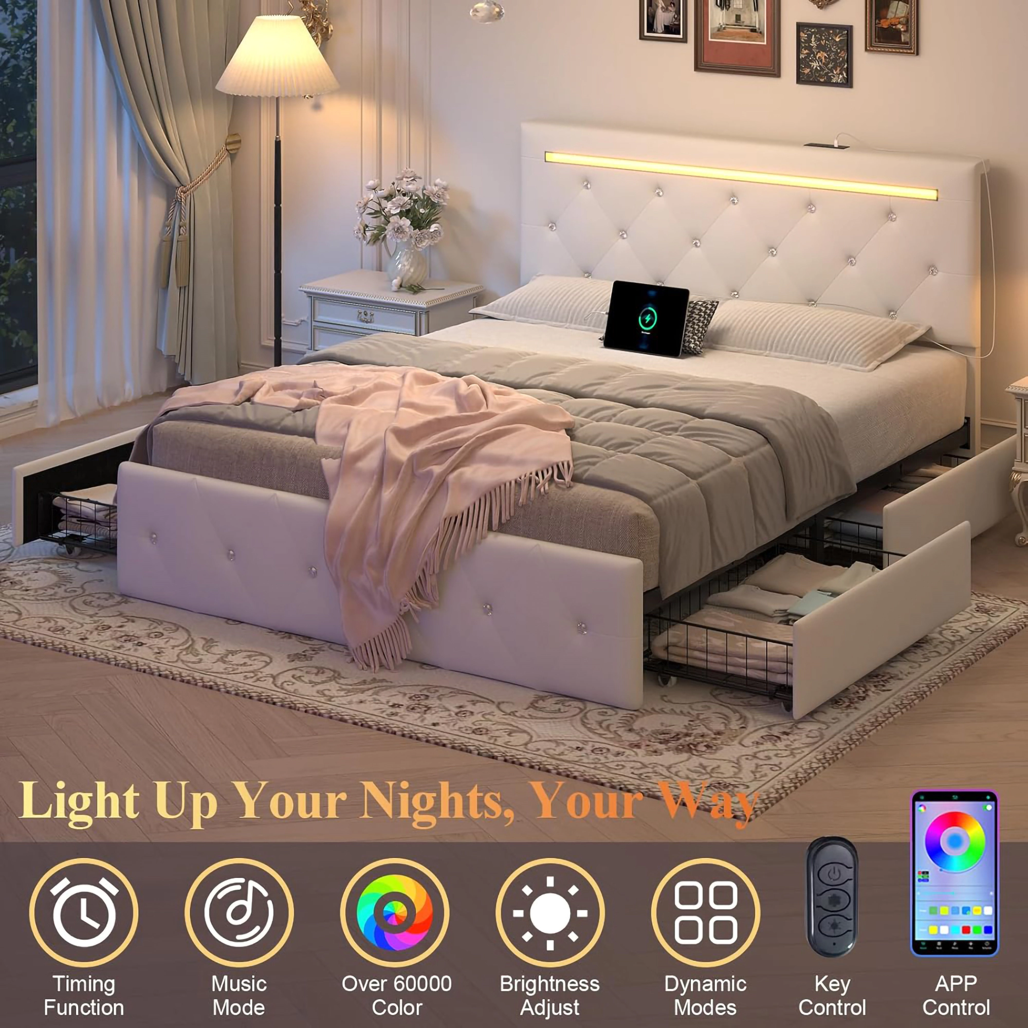 Flynama Full LED Bed Frame with 4 Drawers, PU Upholstery, Adjustable Headboard & Charger, White