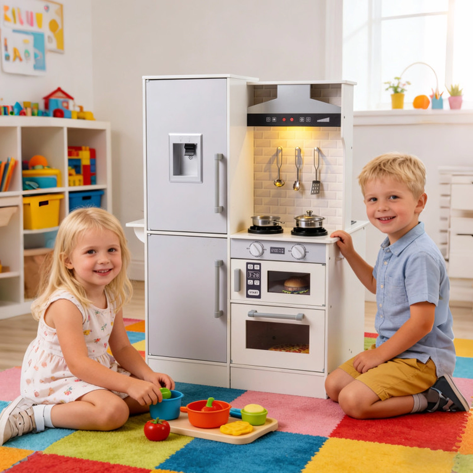 SUGIFT White Water Dispenser Range Hood and Cookware Dual-Sided Kids Play Kitchen