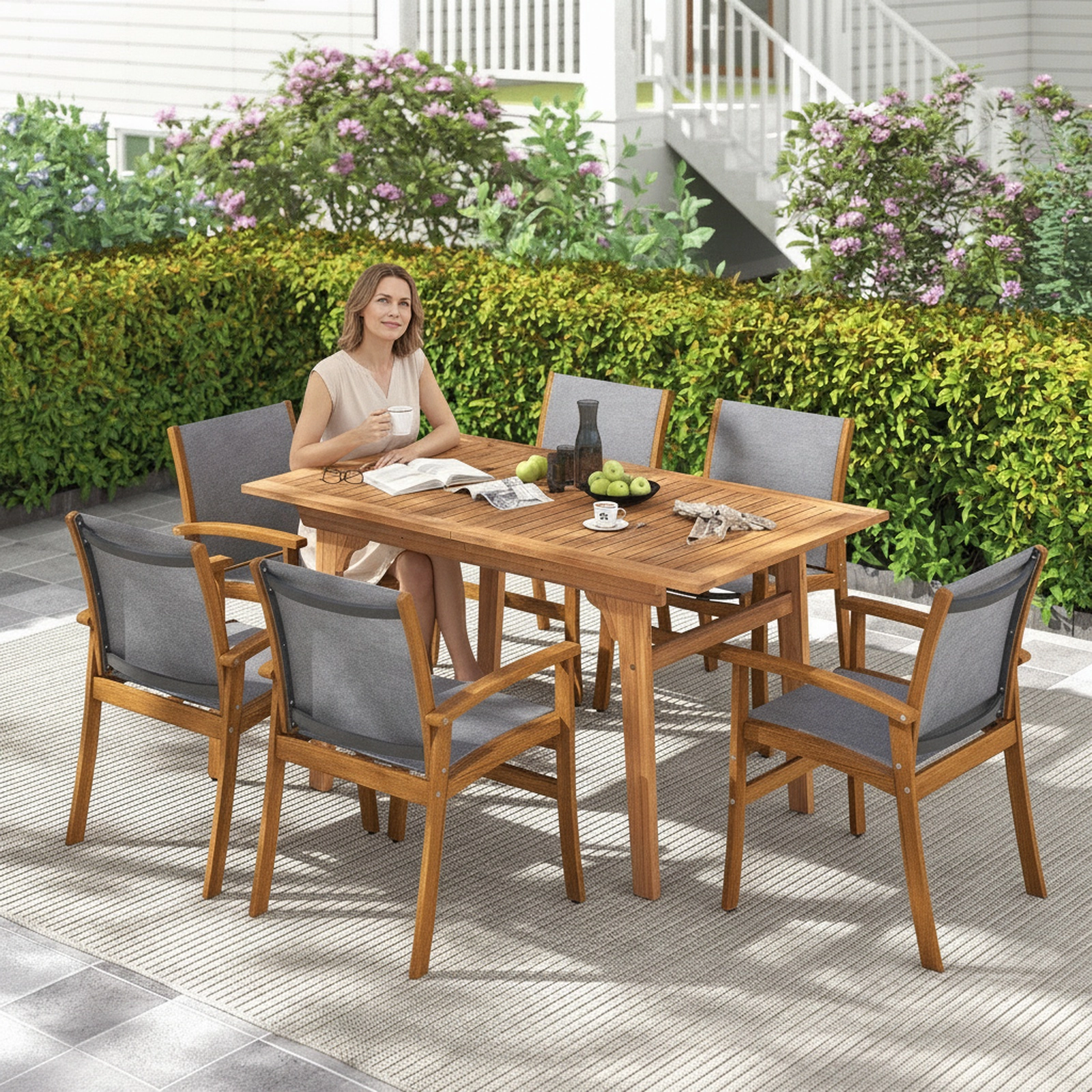 SUGIFT Set of 2 Patio Dining Chairs, Acacia Wood, Sling Fabric, Curved Arms, Natural Gray