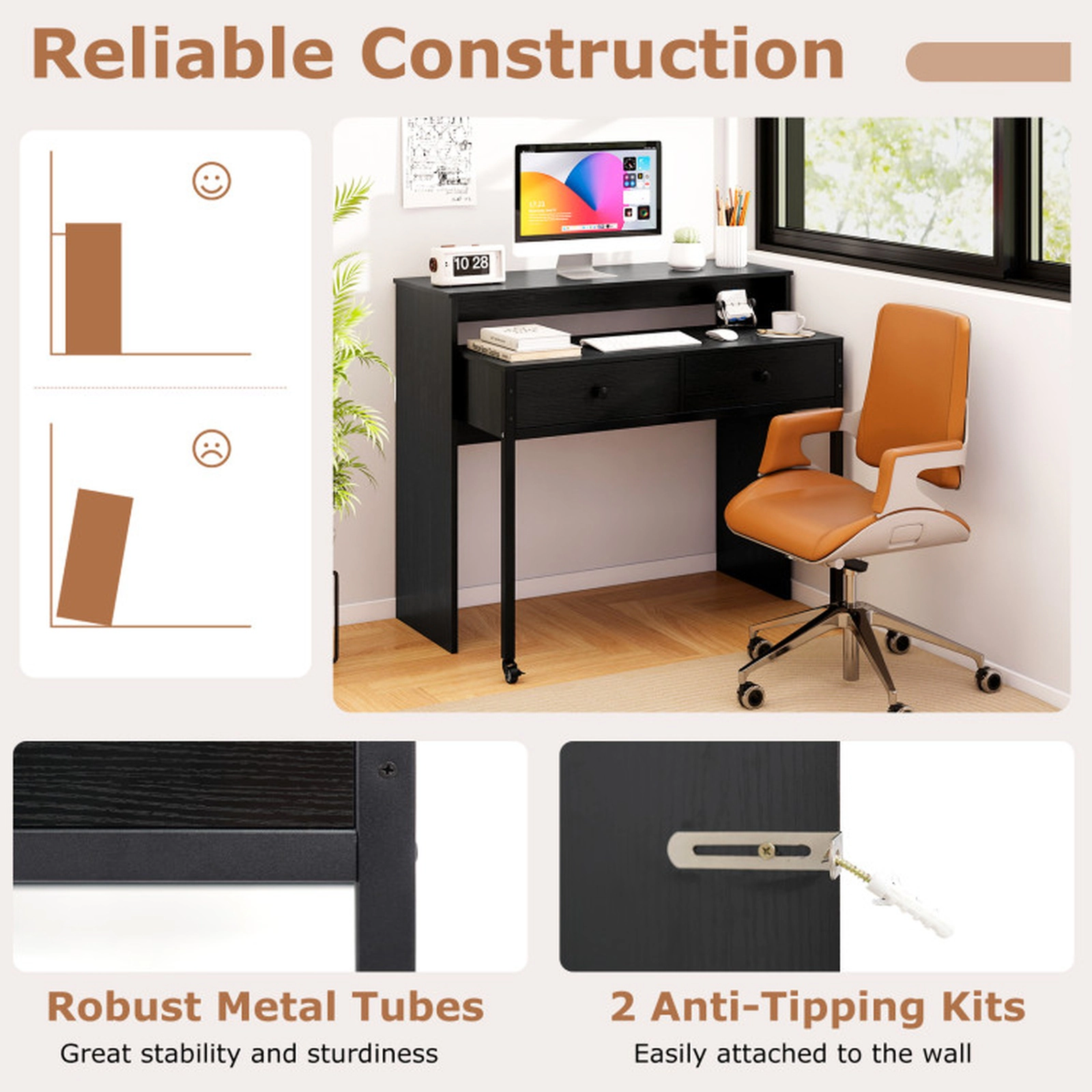 SUGIFT Black 2 Drawers Monitor Shelf and Rolling Desktop Extendable Computer Desk