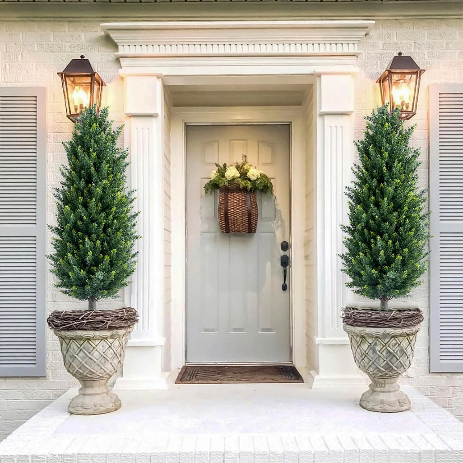 43.3" Dual Pack Lifelike Cedar Topiary Trees with Stakes, Faux Potted Evergreen Plants for Front Door, Balcony