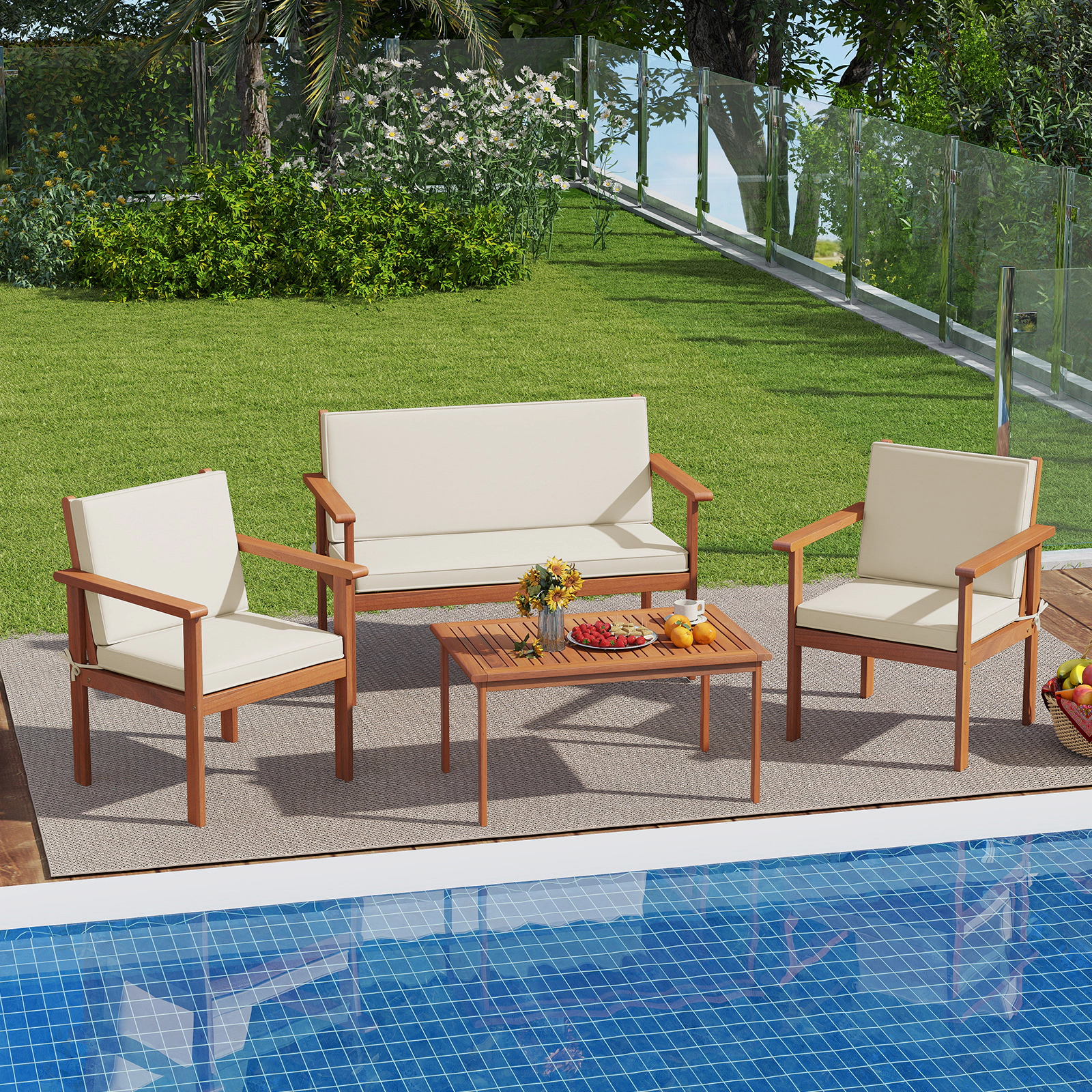 SUGIFT 4-Piece Off-White Acacia Wood Patio Sofa Set with Loveseat, Armchairs and Coffee Table