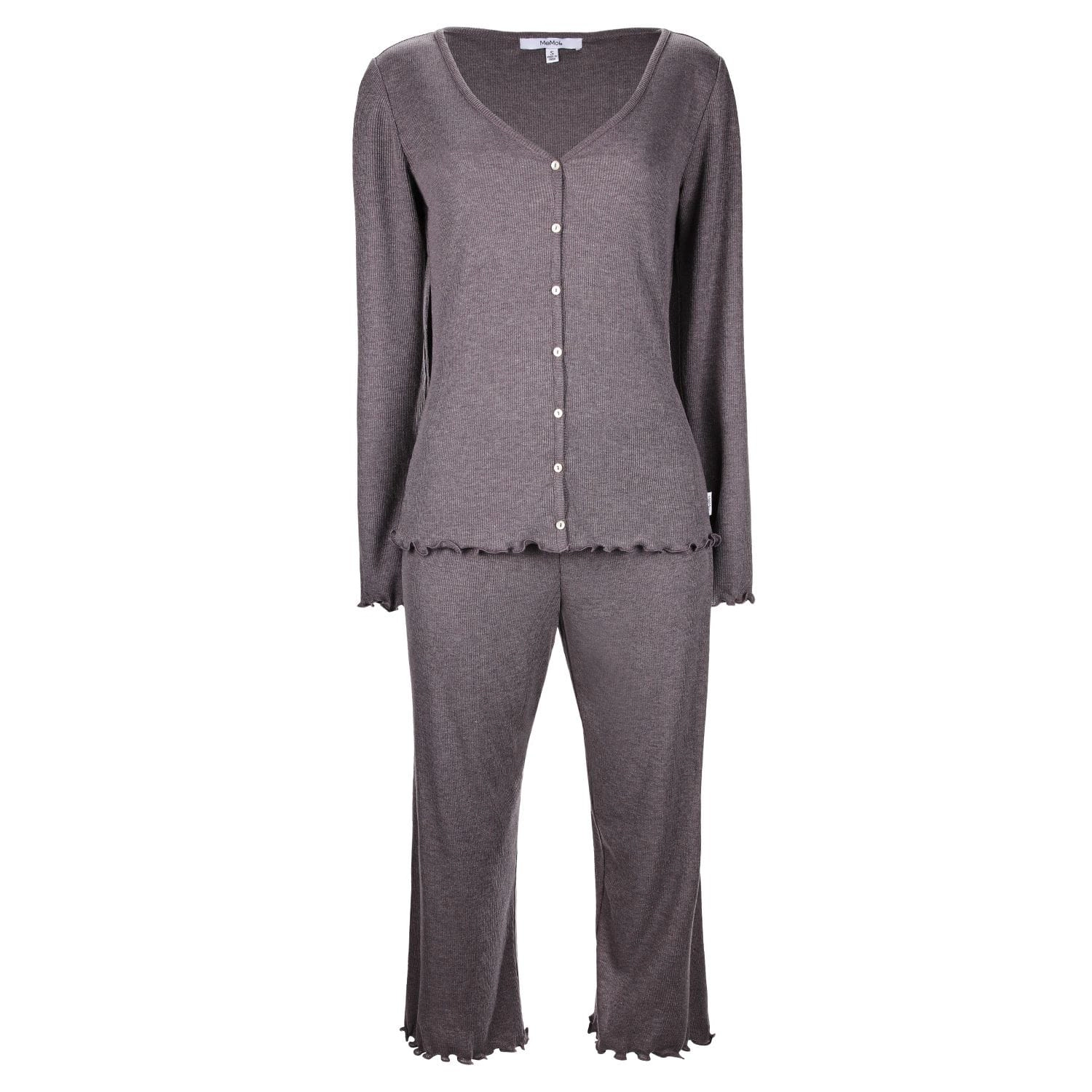 MeMoi Women's Ruffled Lettuce Edge Rib Long Sleeve and Capri Set