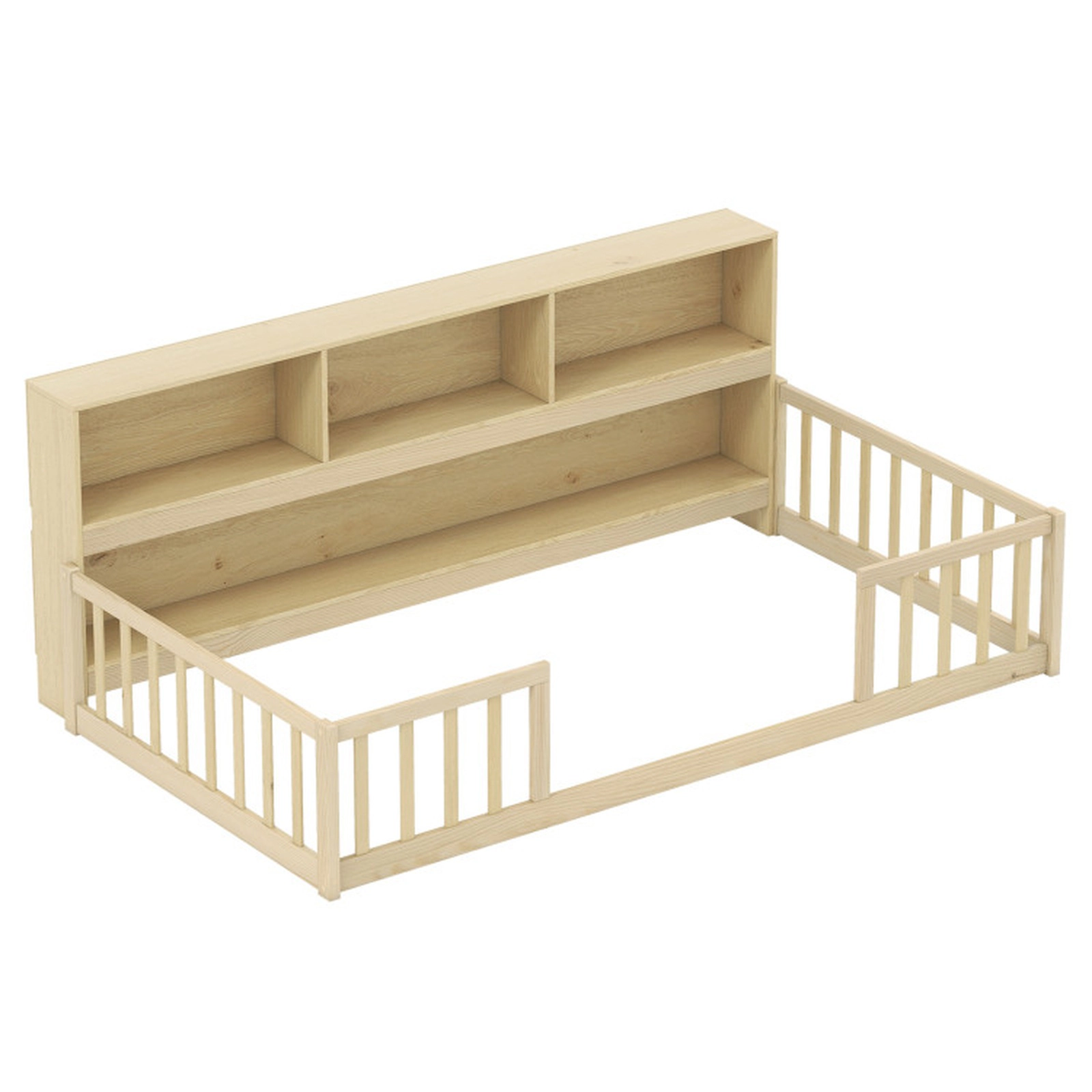 SUGIFT Montessori Floor Bed Integrated 76-in Bookcase & Fence Rails Twin Trundle Bed 44-lb Bookshelf Capacity Gray/White