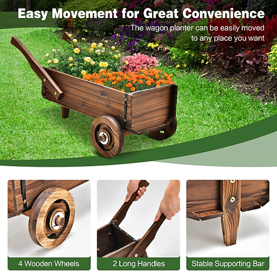 Hivvago Wooden Garden Wagon Planter with Wheels