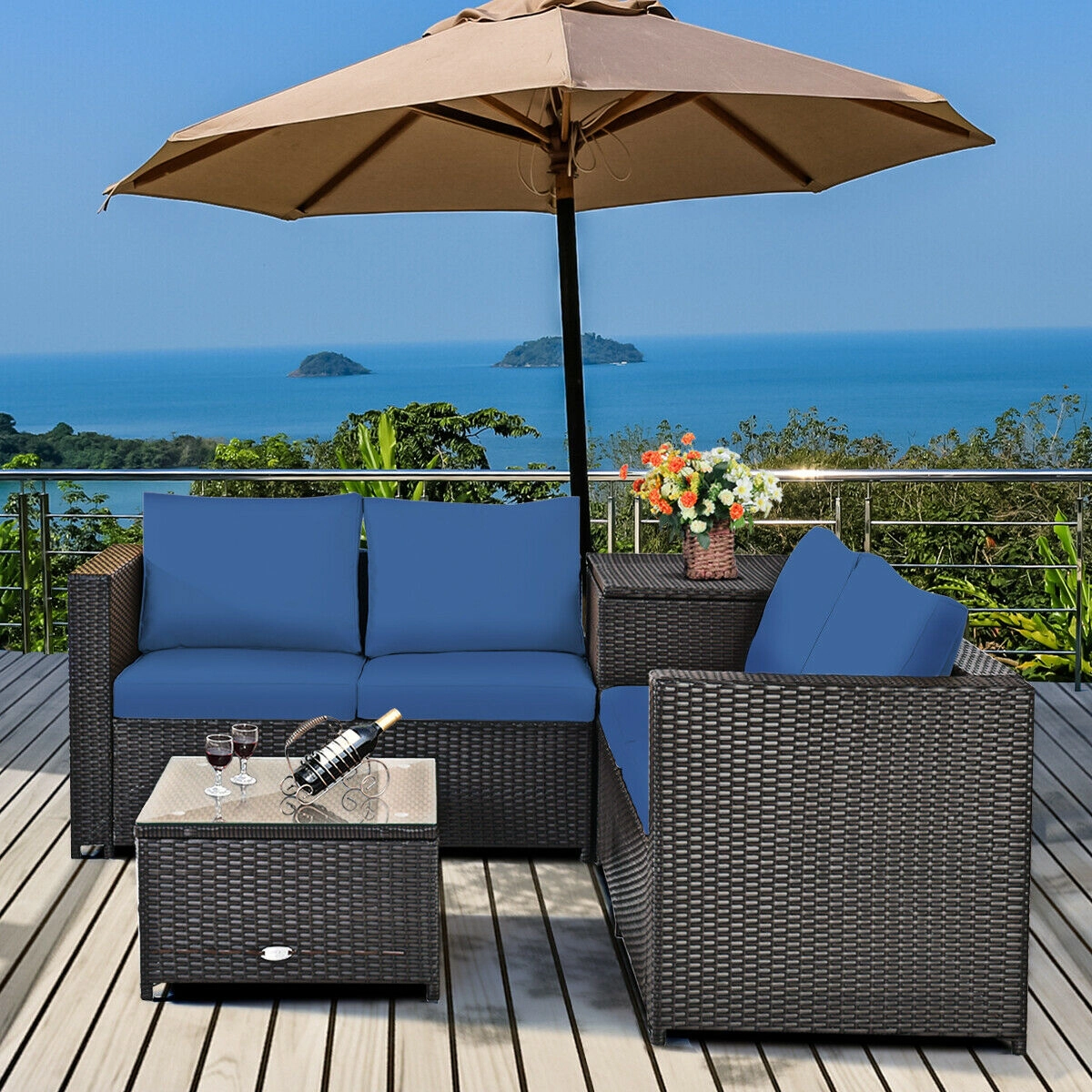 SUGIFT Navy Cushioned Loveseat and Storage End Table 4-Piece Patio Rattan Sectional Set
