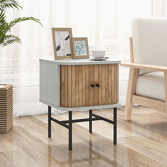 SUGIFT 19.5 in White Mid-Century Nightstand with Sliding Doors and Metal Legs