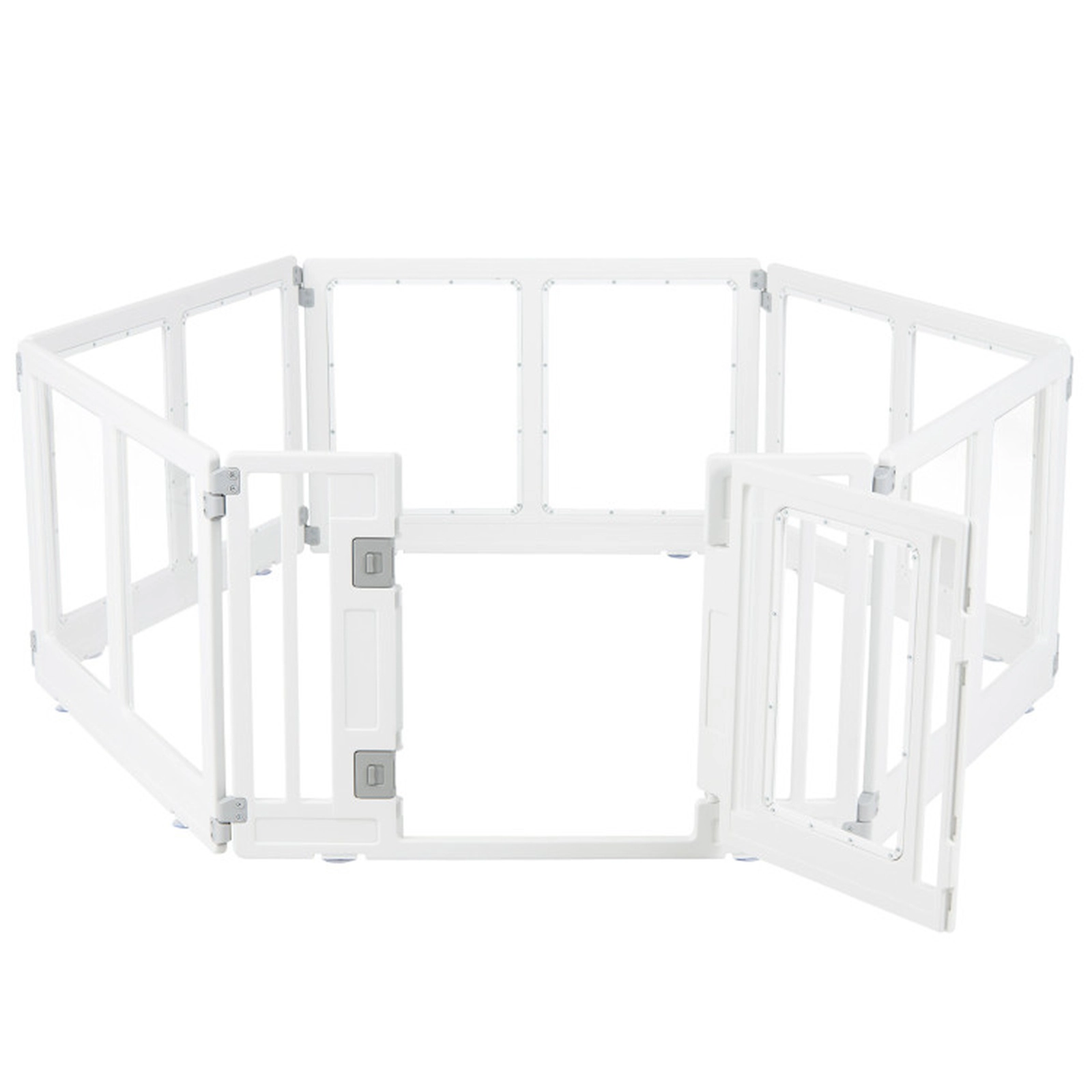 SUGIFT Clear 6-Panel Plastic Dog Playpen with Secure Locking Door Transparent Panels and 6 Ground Stakes