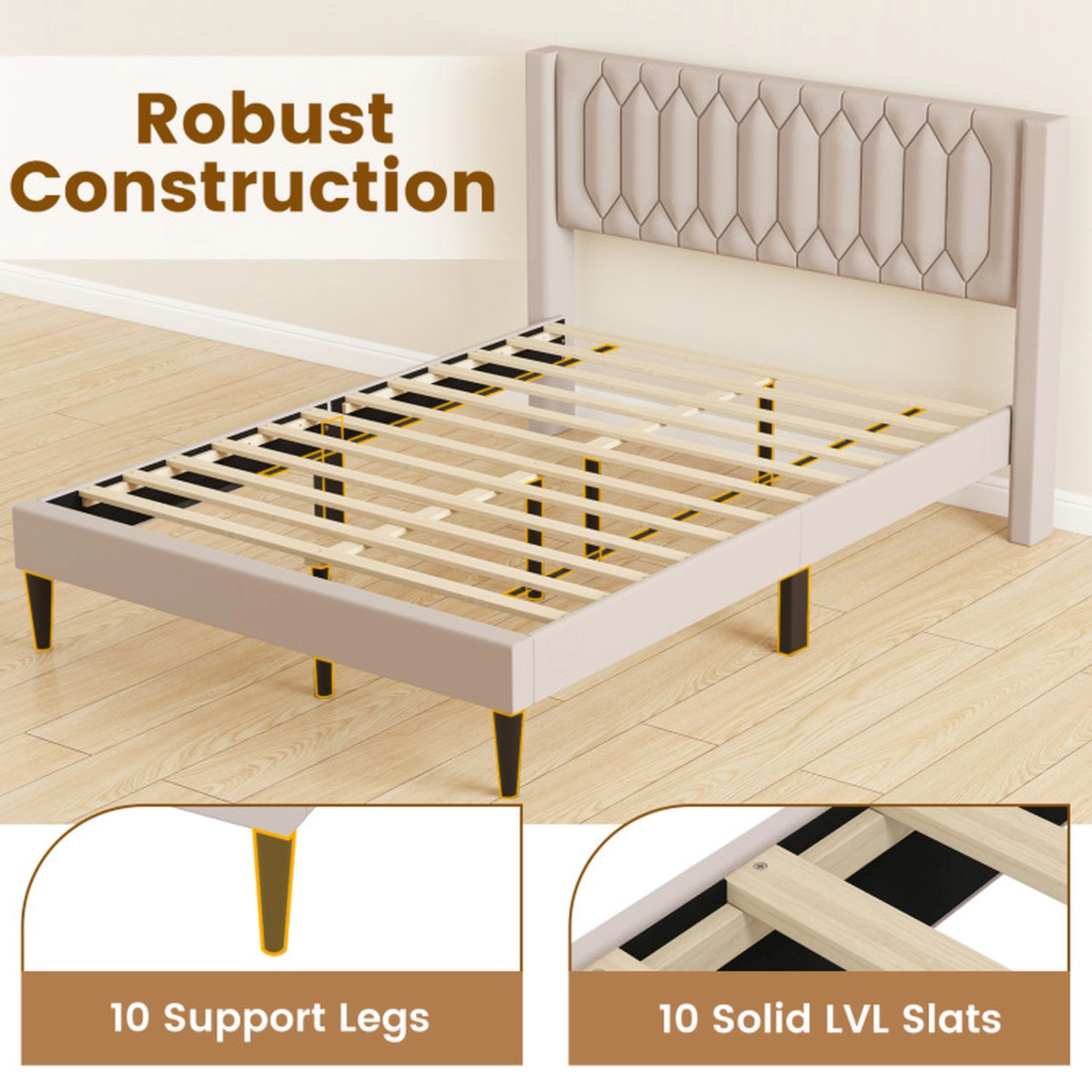 SUGIFT Queen Size Beige Upholstered Platform Bed Frame with Wingback Headboard and LVL Slats 770-lb Frame