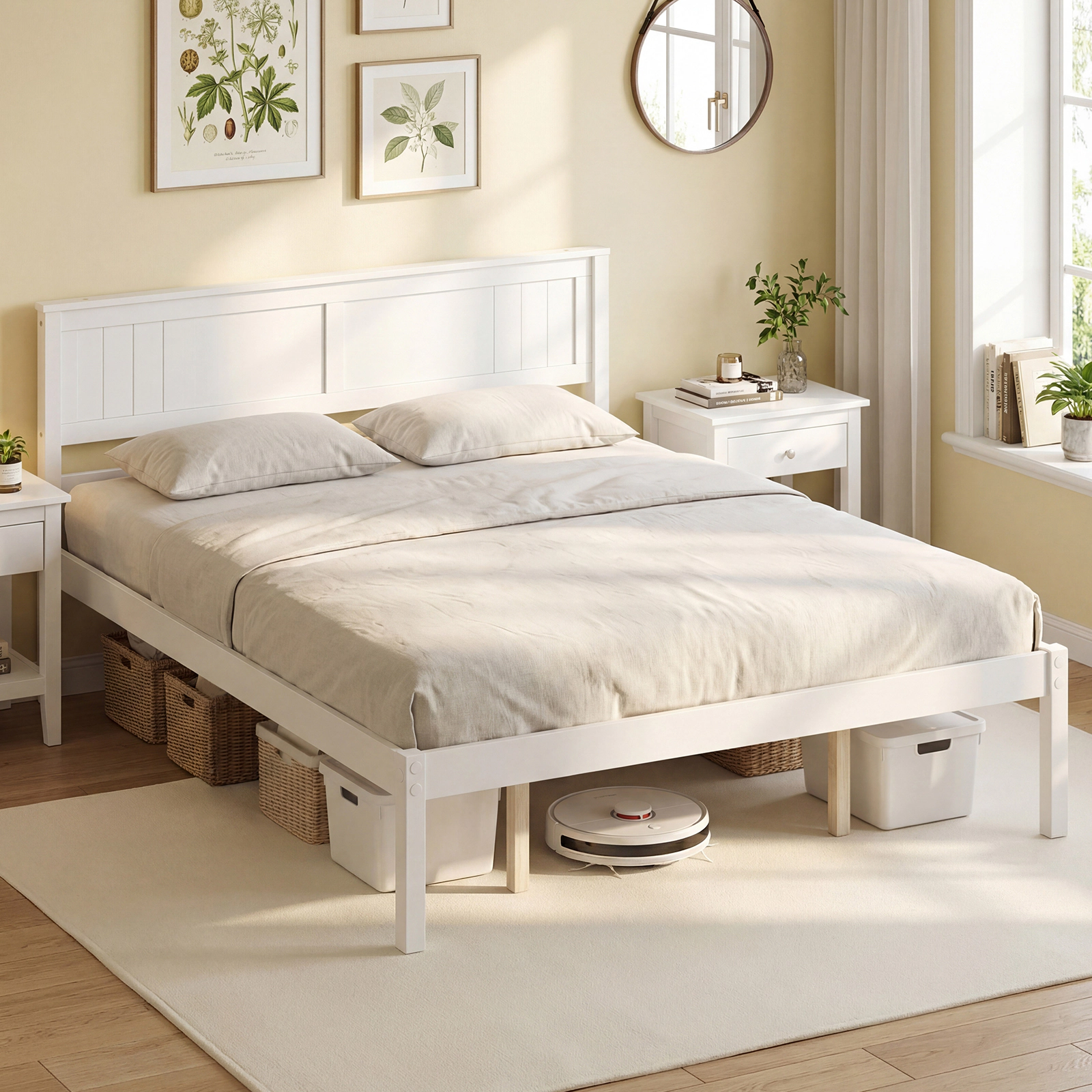 LJG Twin/Full/Queen Size Sturdy Wooden Bed Frame with Headboard and Slat Support-Queen Size