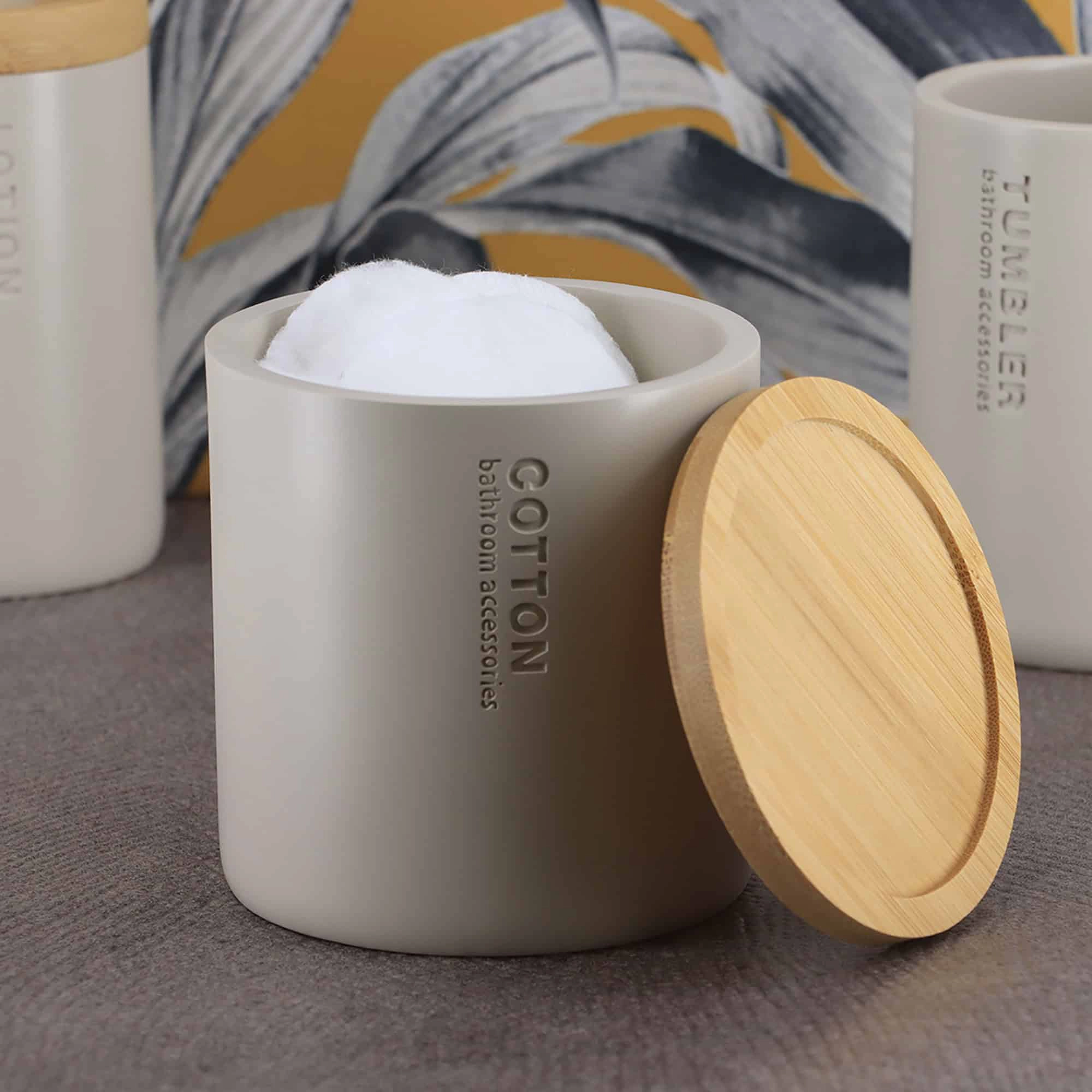Evideco Willis Round Cotton Pad Holder with Bamboo Lid, Matte Polyresin