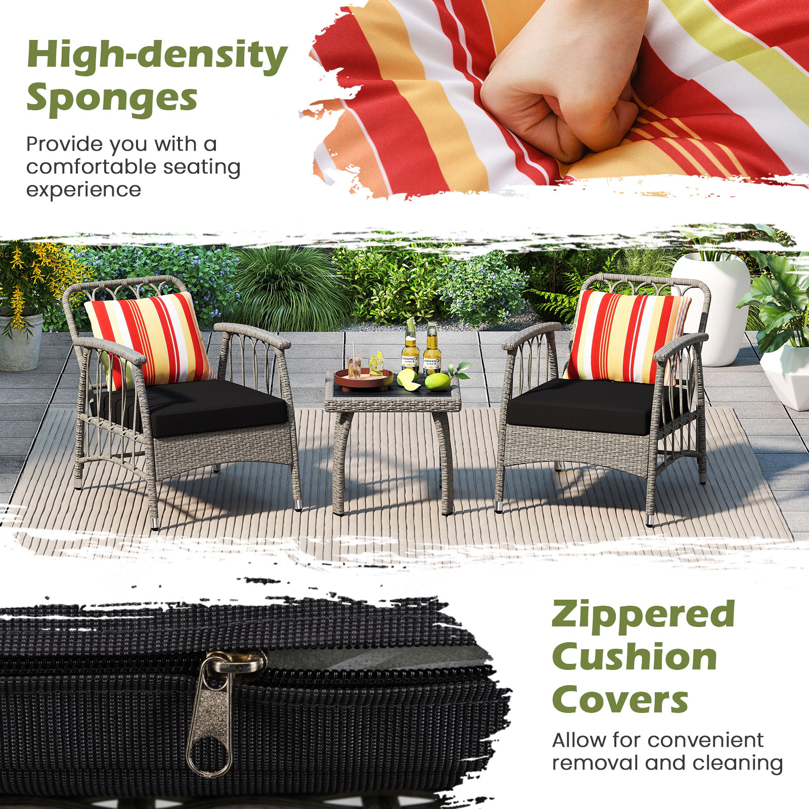 SUGIFT 5-Level Adjustable Backrest Chairs 3-Piece Gray Patio PE Wicker Set