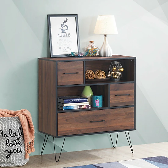 SUGIFT Walnut 3-Tier Wood Storage Cabinet with Drawer 2 Doors and Metal Legs 35.5-in W 15.5-in D 40-in H