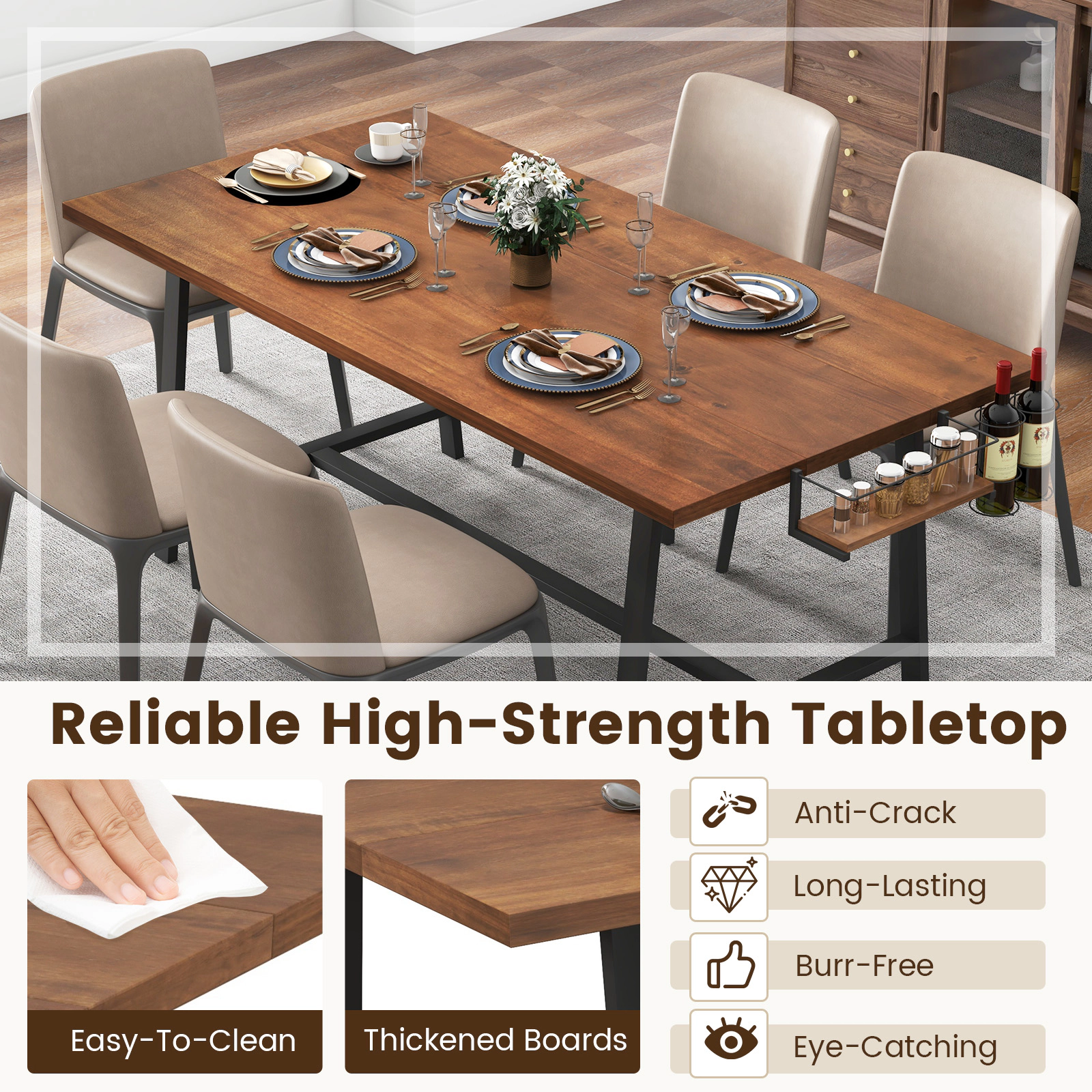SUGIFT 72-in Rectangular Dining Table with 2-Bottle Wine Rack and Condiment Holder 330-lb Capacity Walnut & Black