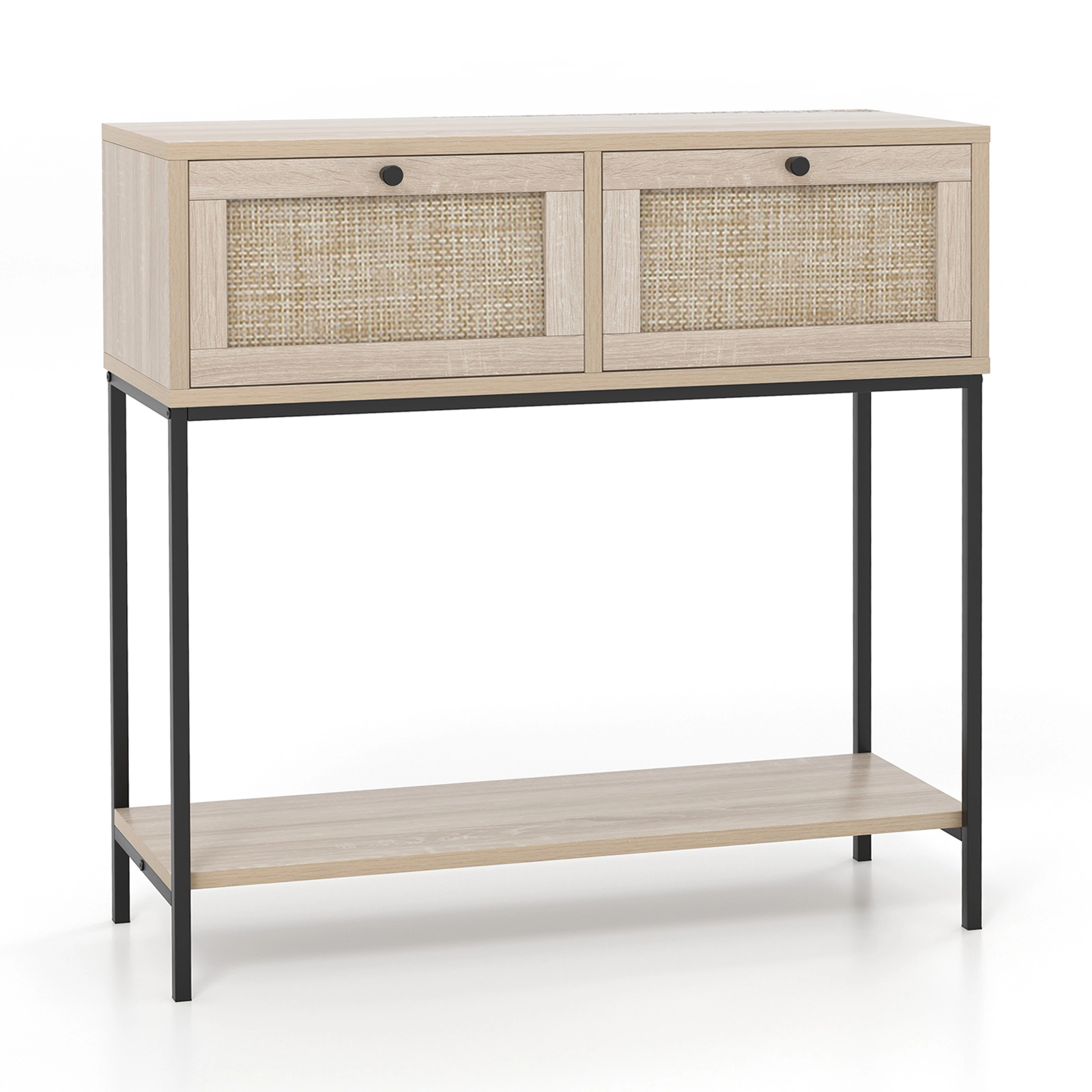 SUGIFT 31.5-in 132-lb Capacity Oak Boho Rattan Console Entryway Table with 2 Drawers and Open Storage Shelf