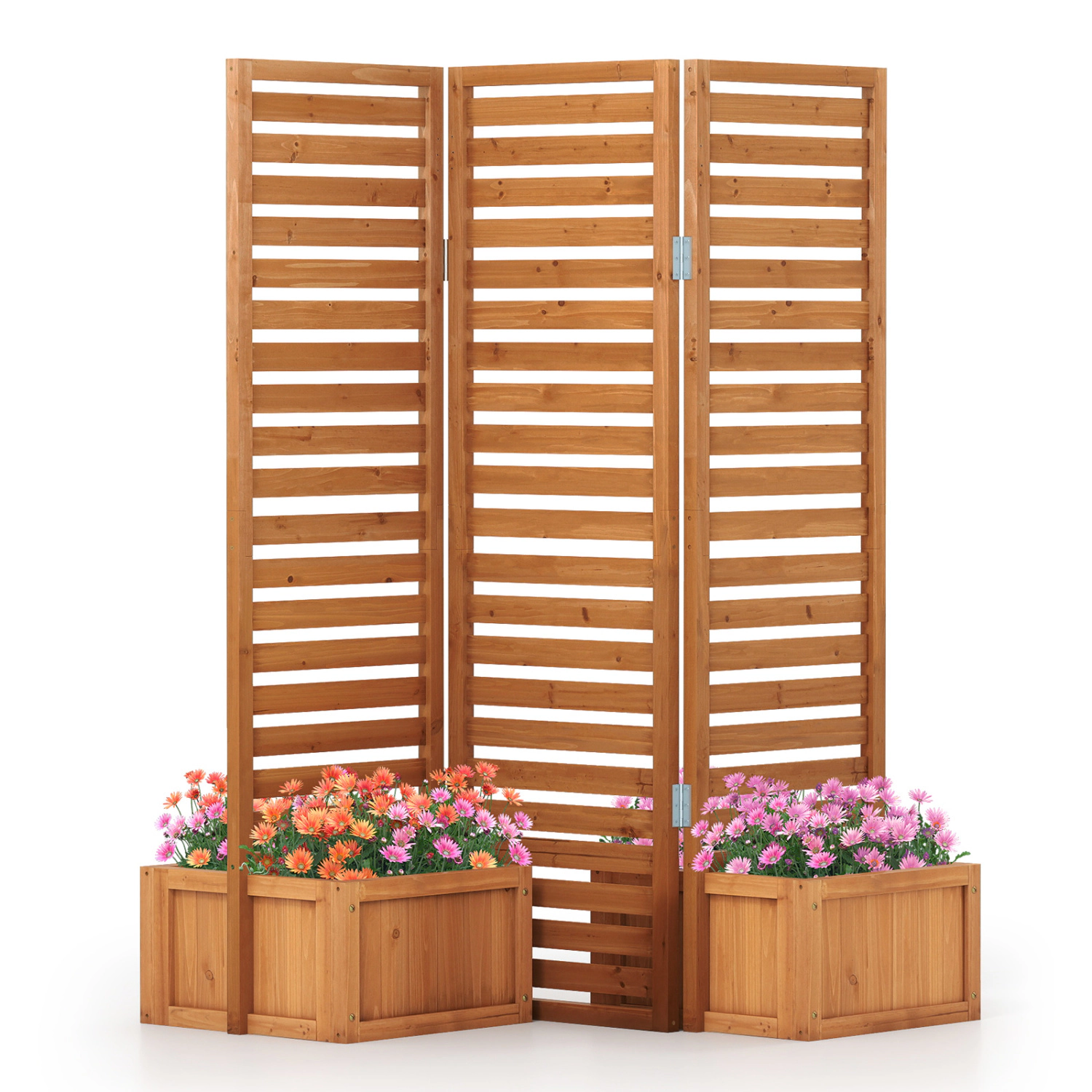 LJG 3-Panel Solid Wood Frame Freestanding Garden Fence with 2 Self-Draining Planter Boxes