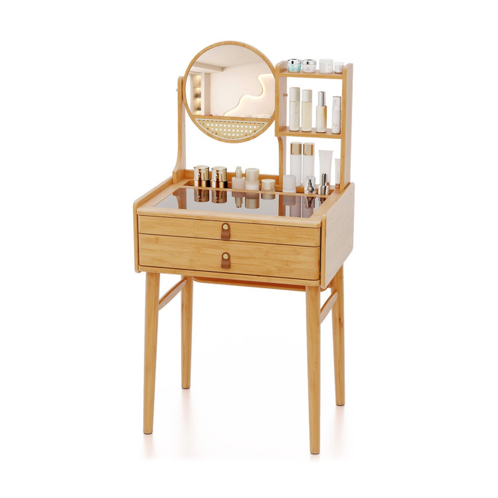 SUGIFT Small Bamboo Vanity Desk with Tempered Glass Top and Rotating Mirror