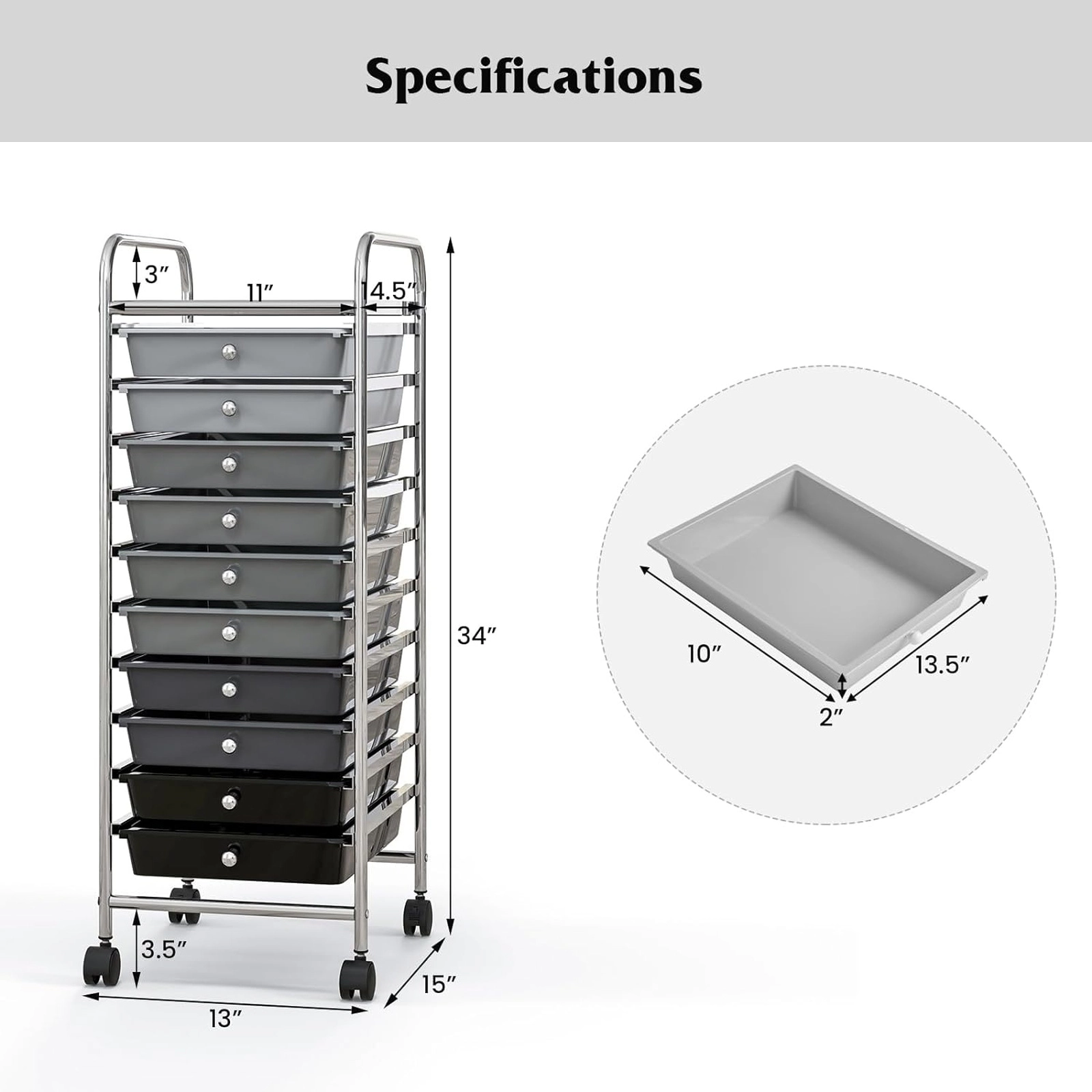 SUGIFT 10-Drawer Rolling Storage Cart Organizer with 3-lb Drawer Capacity and 4 Universal Casters Gradient Gray