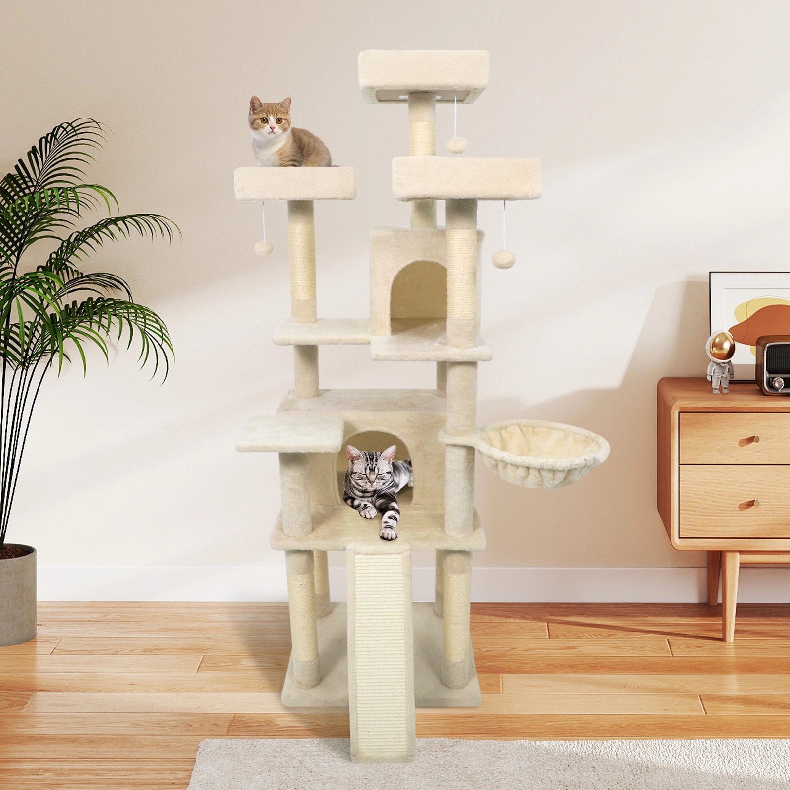 SUGIFT 65-in Tall Multi-level Cat Tree with 3 Upholstered Perches and 2 Cat Condos Beige