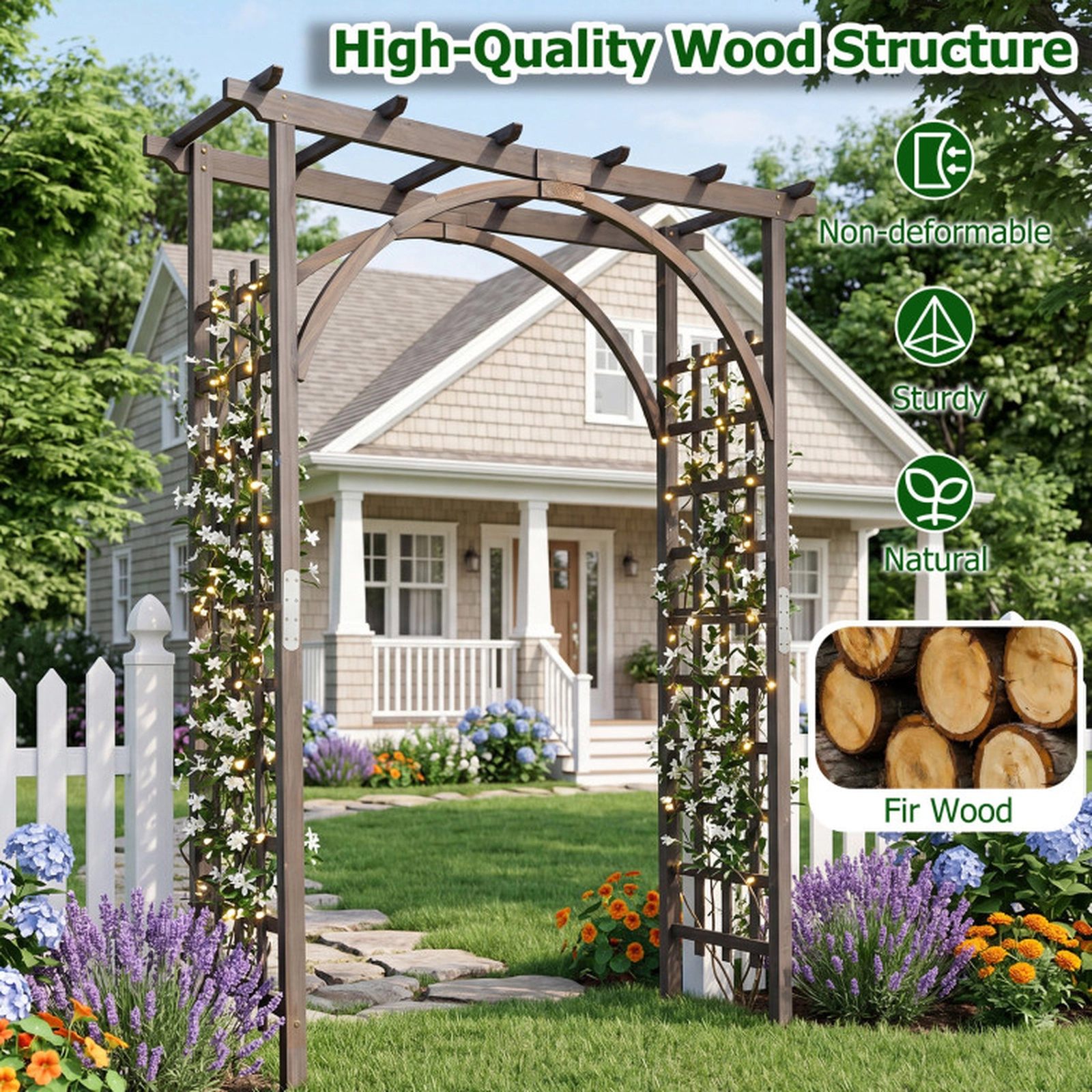 SUGIFT 85-in Flat Top Dark Brown Fir Wood Garden Arch Trellis with 52-in Wide Entry and Metal Connectors