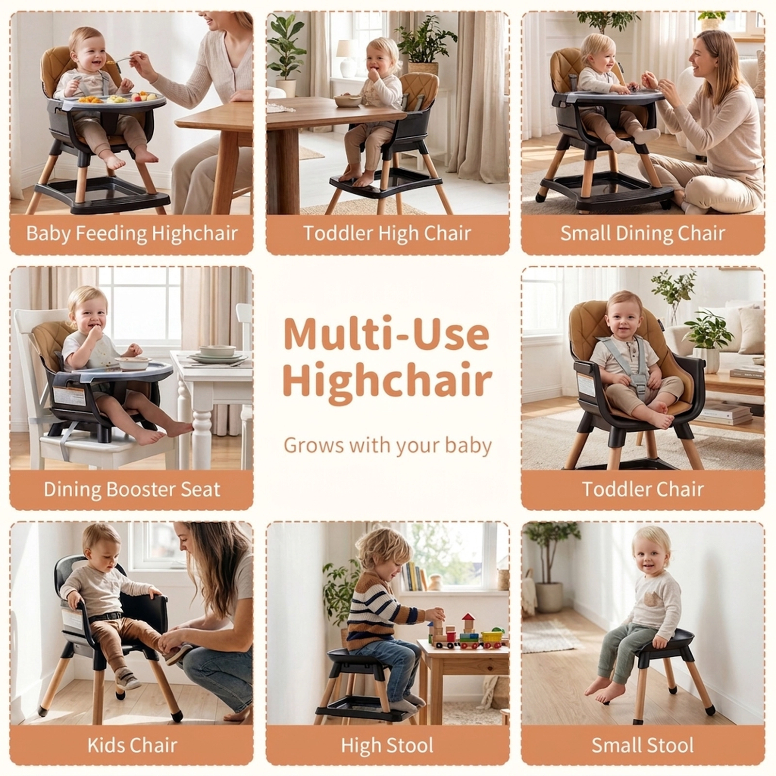 SUGIFT Black Beech Wood Legs PU Seat Cushion and Double Tray 9-in-1 Convertible Baby High Chair