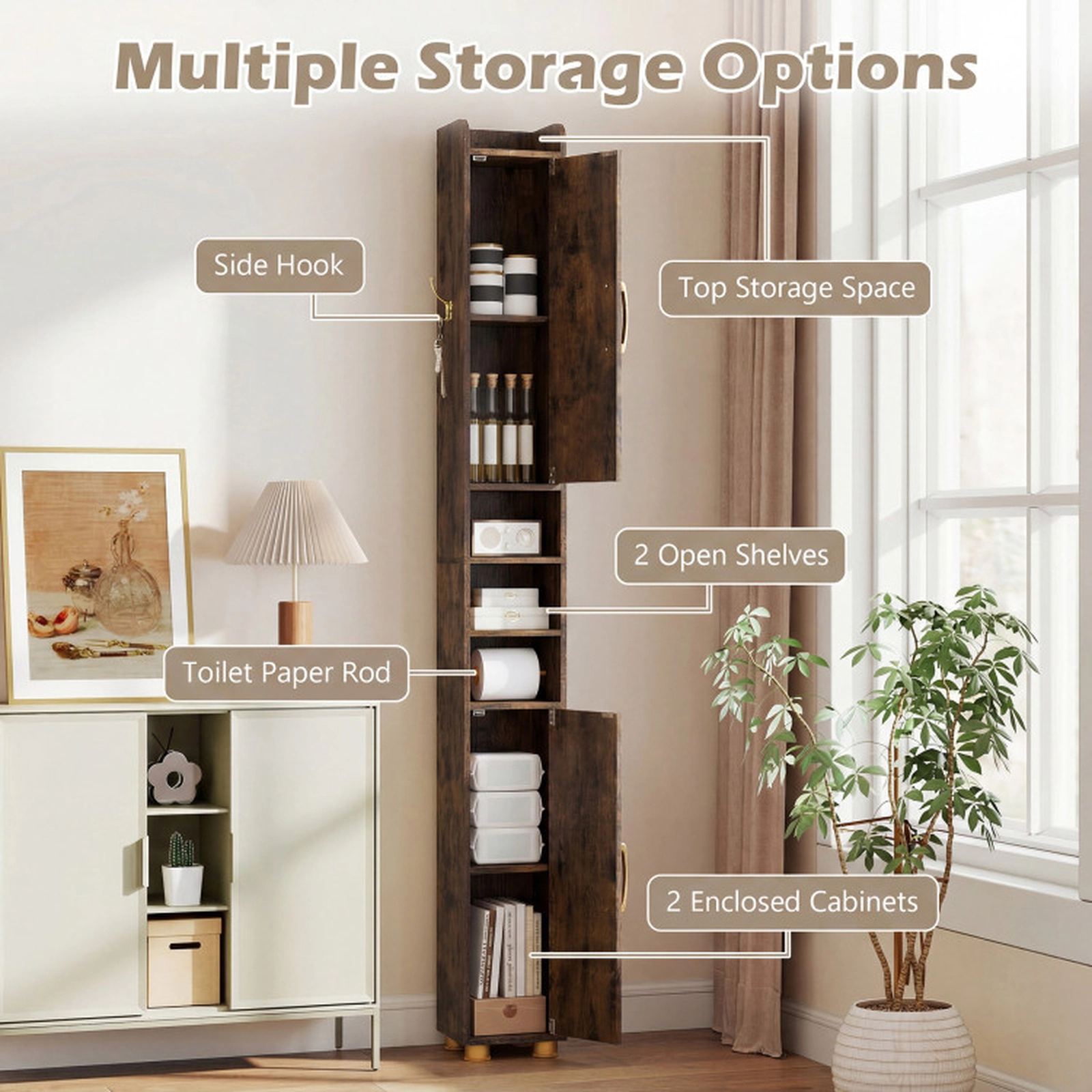 SUGIFT Narrow 8 x 8 in Bathroom Storage Cabinet with Open Shelves, Toilet Paper Holder and 4.5-lb Hook Capacity Brown