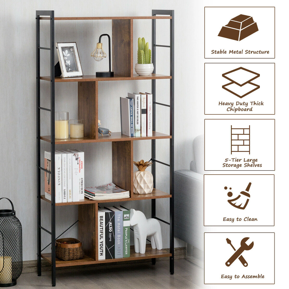 SUGIFT Rustic Brown 4-Tier Industrial Freestanding Bookshelf with Metal Frame