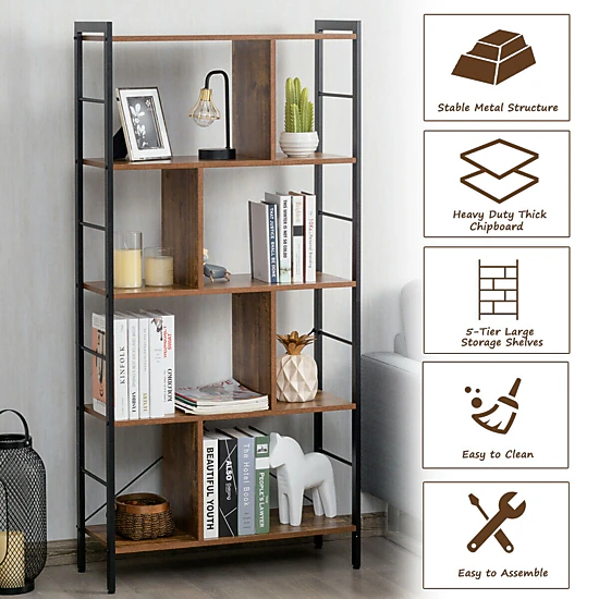LJG 4-Tier Industrial Freestanding Bookshelf with Metal Frame