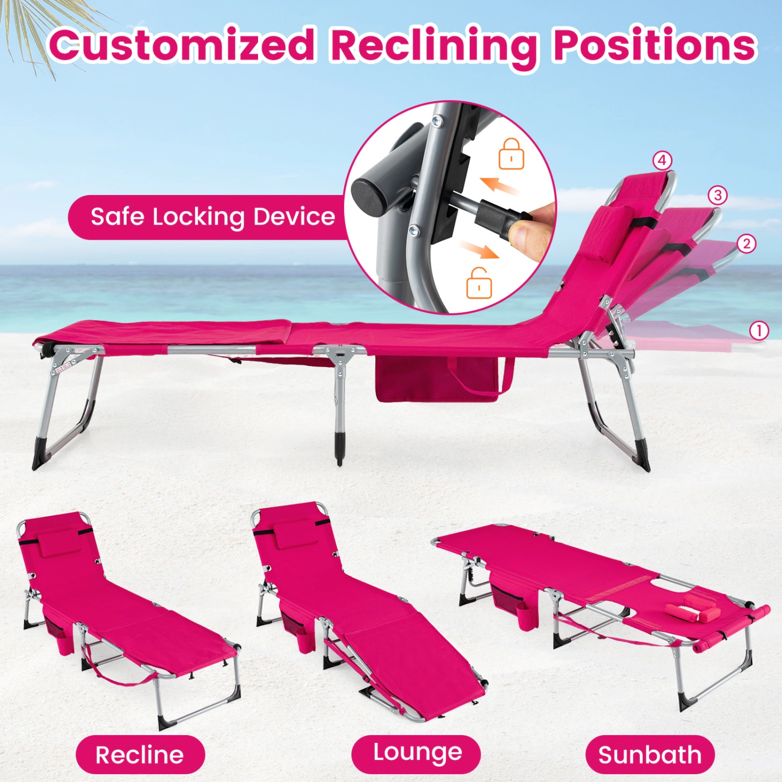 SUGIFT Set of 2 Portable Tanning Lounge Chairs Face & Arm Holes 330-Lb Capacity 4-Level Backrest 76.5-in Lounge Pink