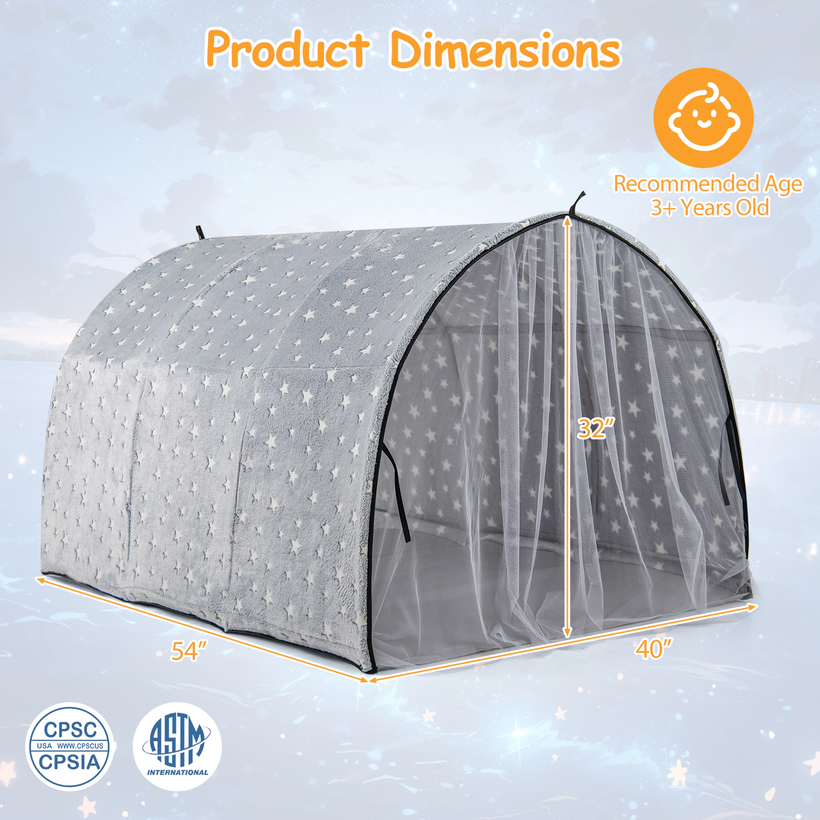 Kids Bed Tent for Twin Bunk Bed with Glow in the Dark Stars and Star Light String 54-in Flannel Privacy Canopy Gray