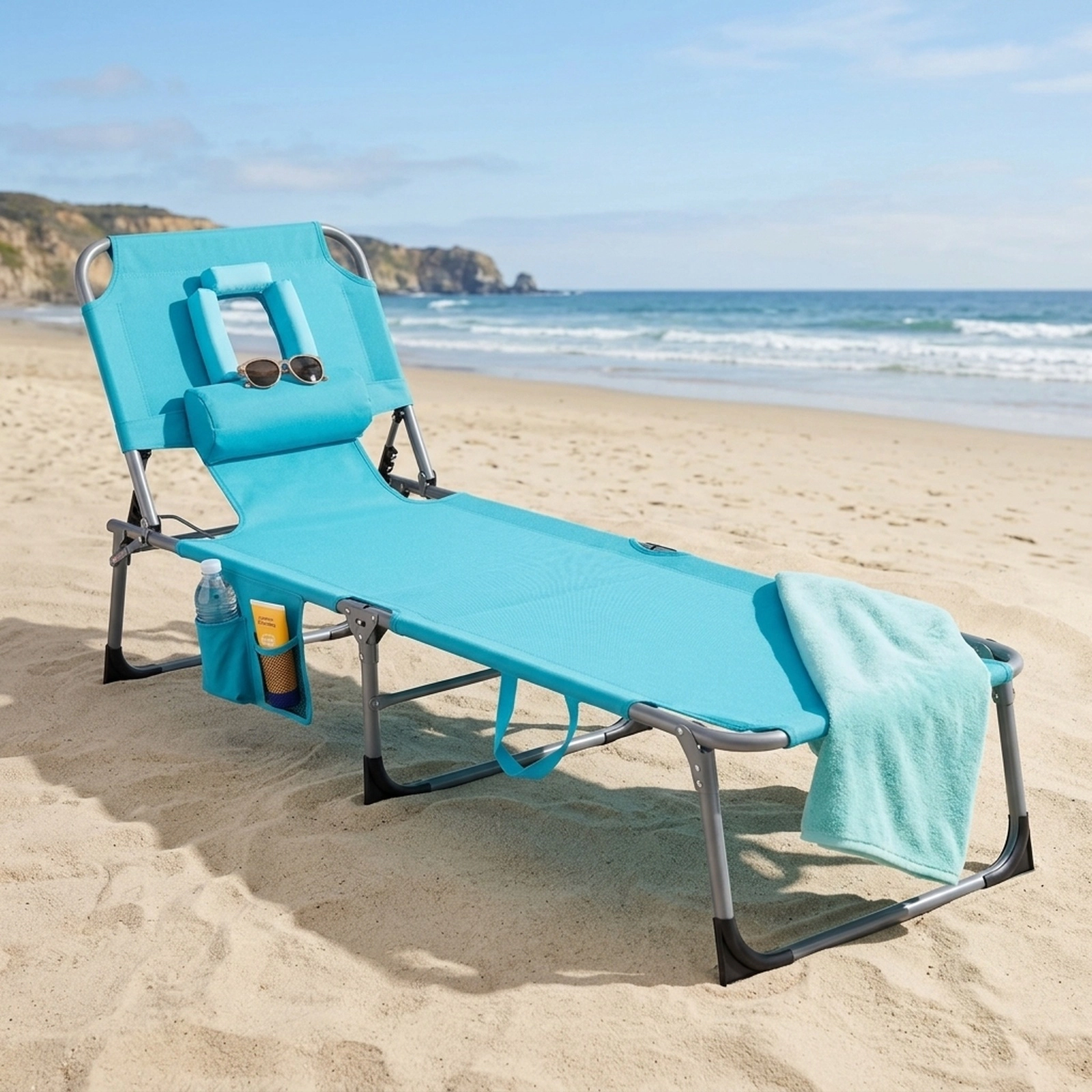SUGIFT Face-Down Tanning Chair, Folding Reclining Lounge Chair with Face and Arm Slots, Pillow, Pockets, Turquoise