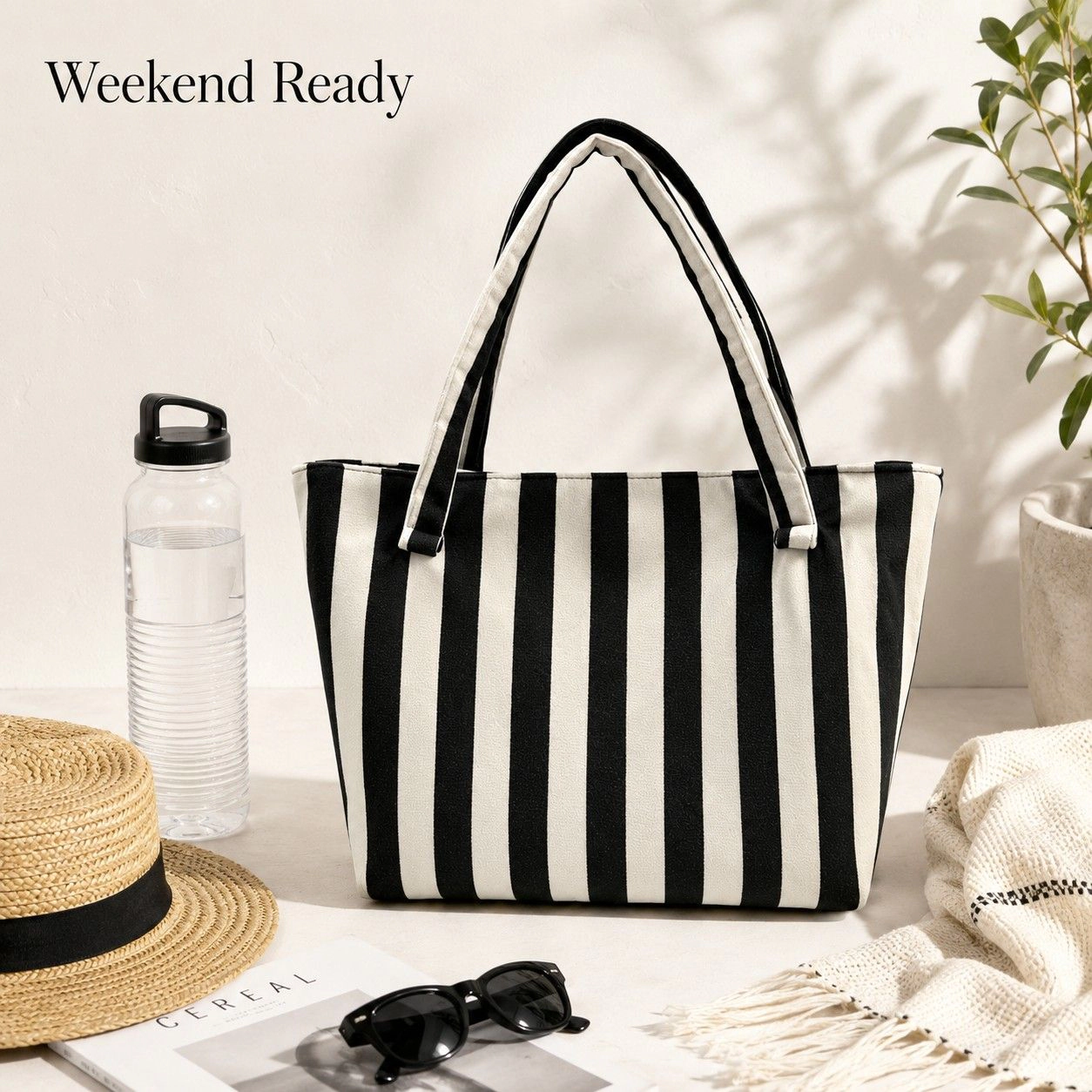 Alilang Women's Striped Terry Cloth Tote Bag Roomy Beach and Travel Shoulder Carryall, Green White Stripe
