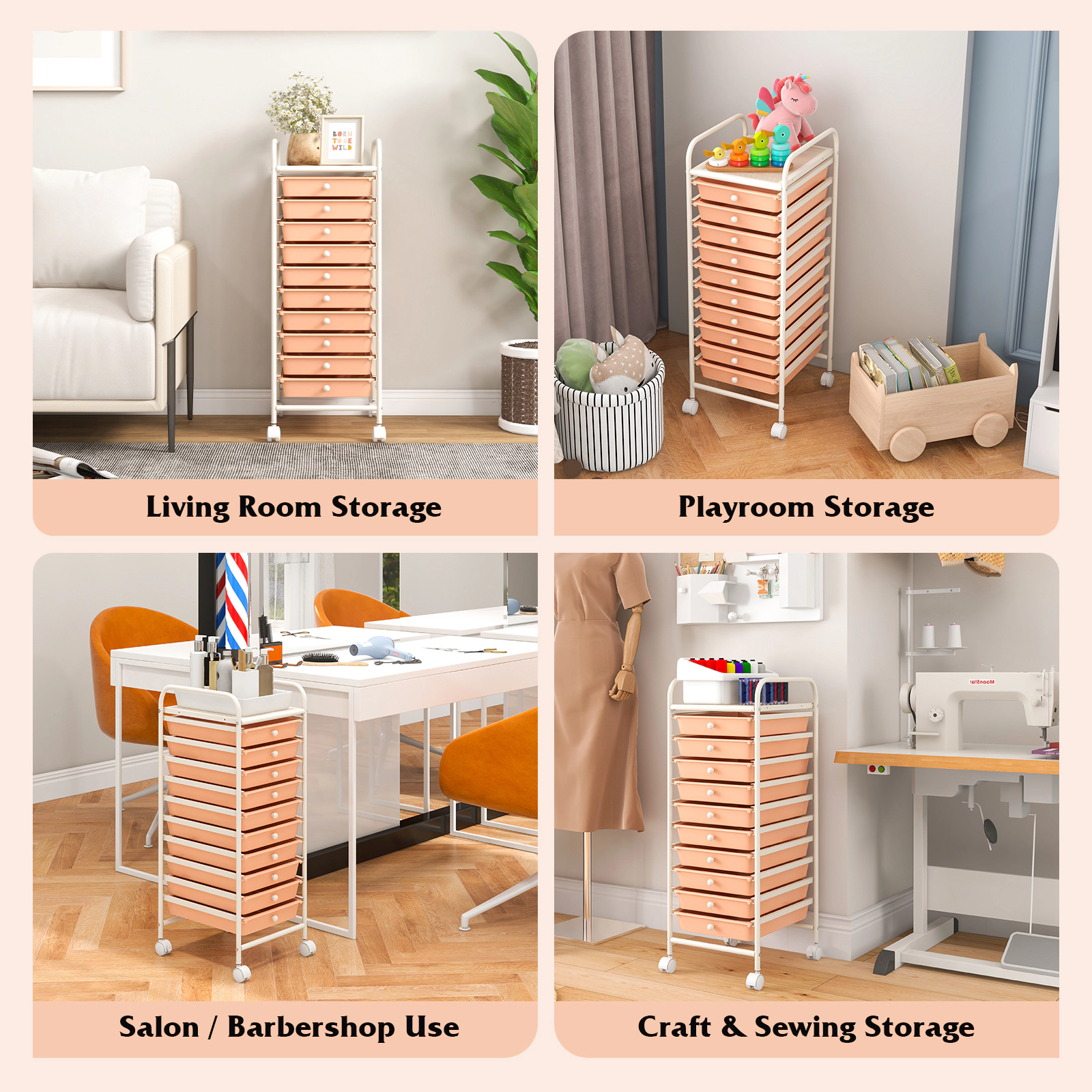 SUGIFT Cherry 34-in 10-Drawer Rolling Storage Cart Household Organizer for Batteries and First Aid