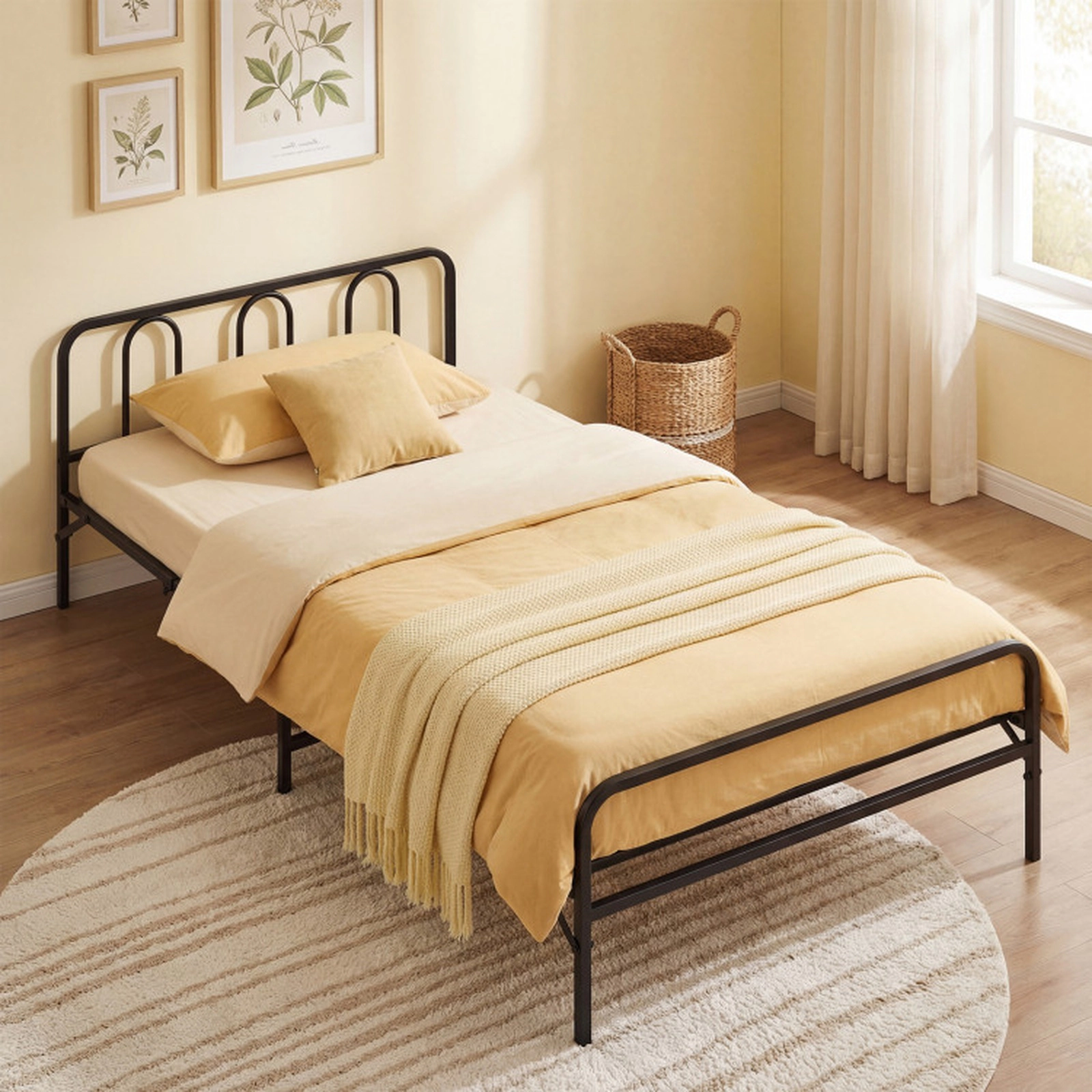SUGIFT Twin Size Black Reinforced Metal Foldable Platform Bed Frame with Arched Headboard and Footboard