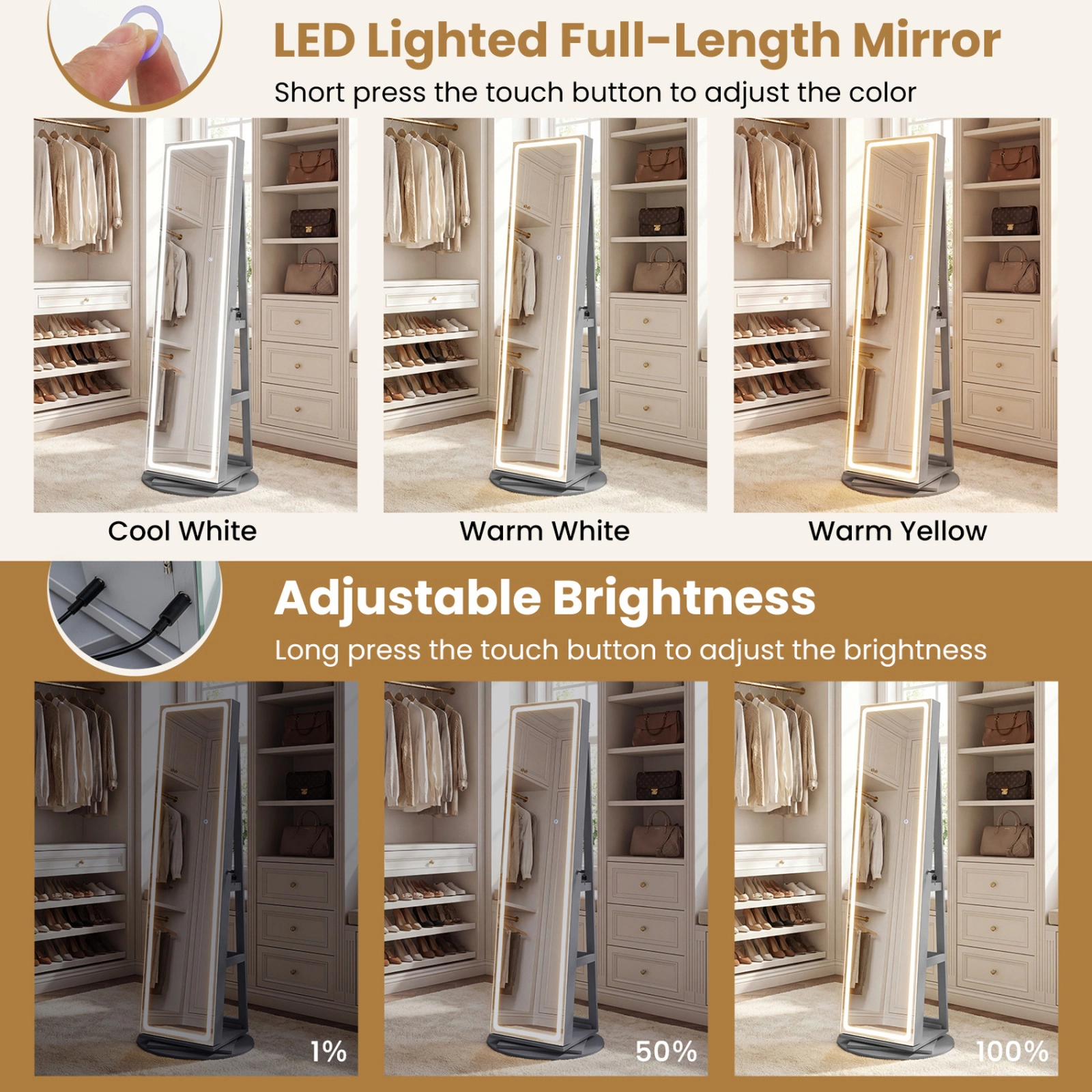 SUGIFT Standing Jewelry Cabinet with Adjustable LED Lights Full-Length Mirror Rotating Base 63-in Tall Gray