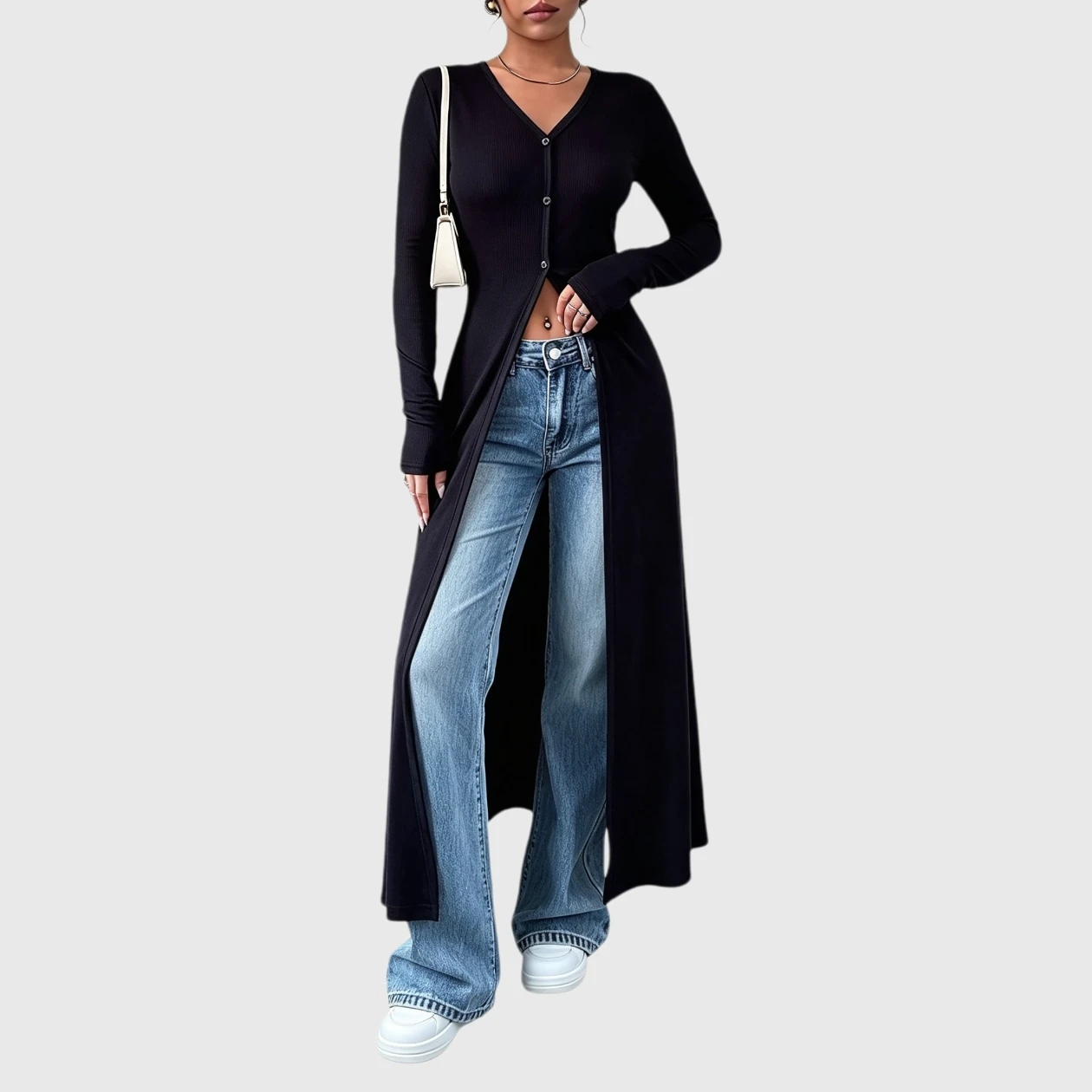 YesFashion Women's V Neck Button Down Long Cardigan Casual Ribbed Knit Slit Sweater Outfits